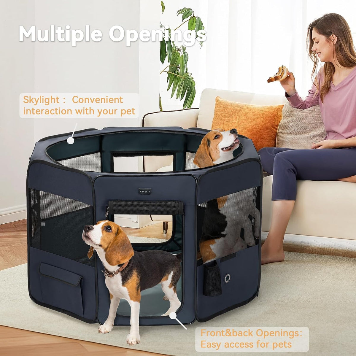 petsfit 45.5" dog playpen with dual zipper doors, side view