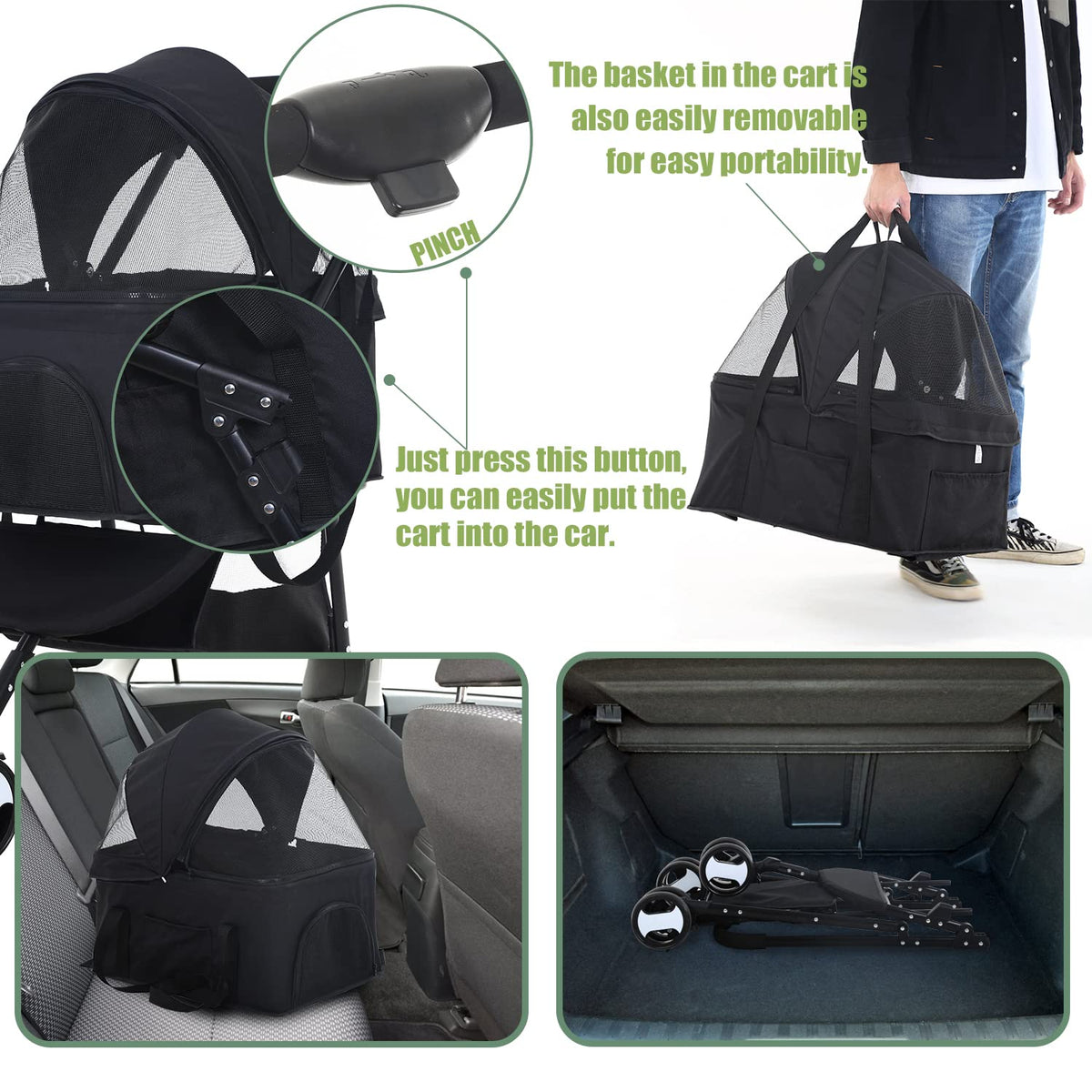 dog stroller cat stroller pet stoller 3-in-1 folding shown in use