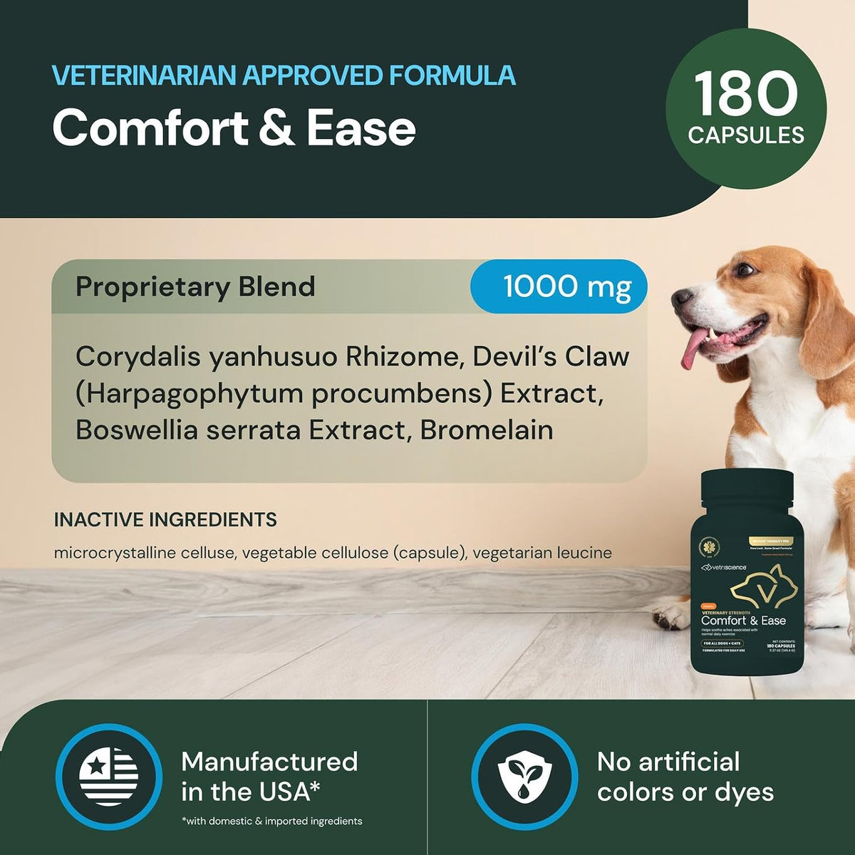 vetriscience veterinary strength comfort & ease capsules, 180, close-up detail