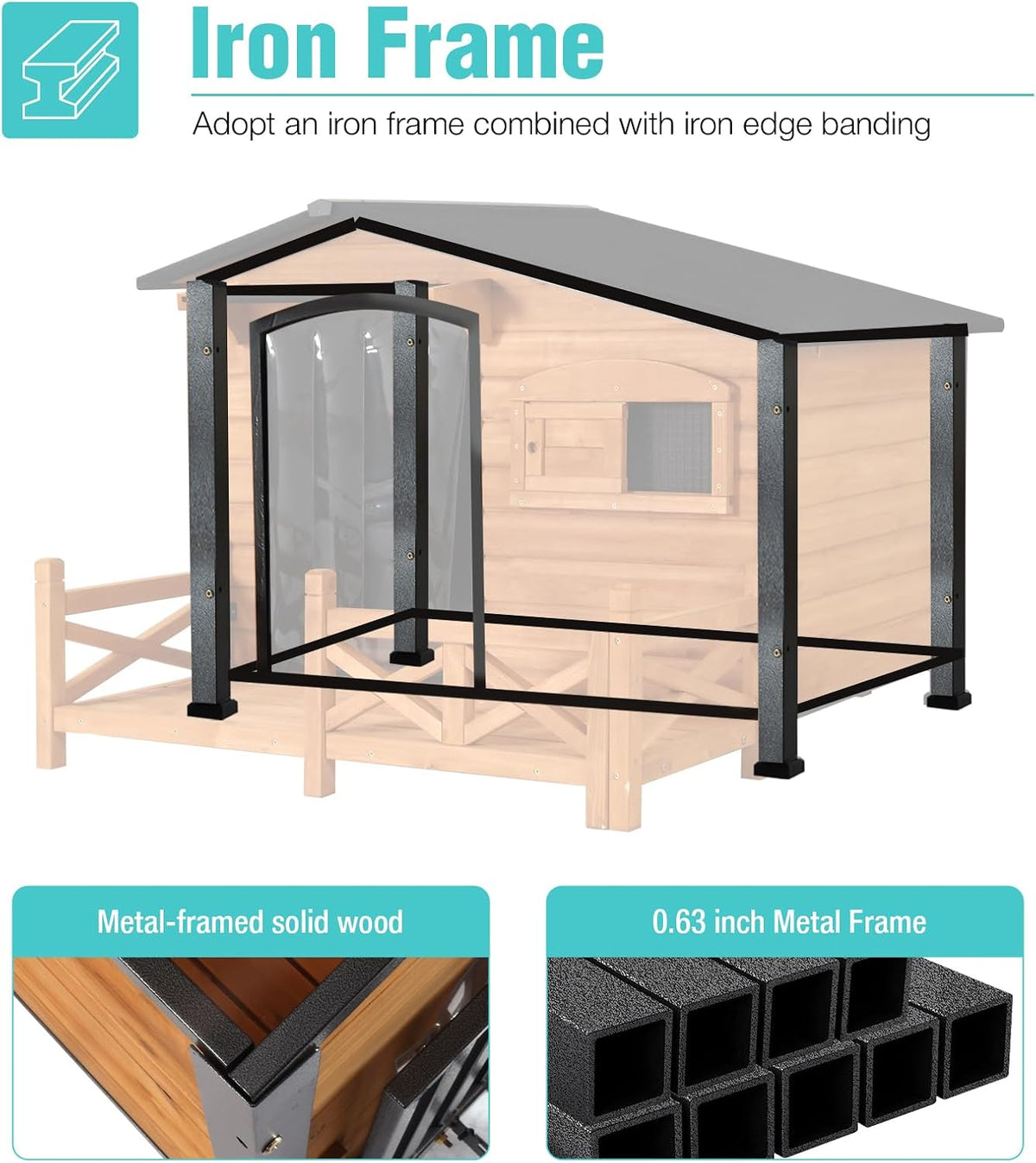 heated dog house for outdoor use with matel, close-up detail