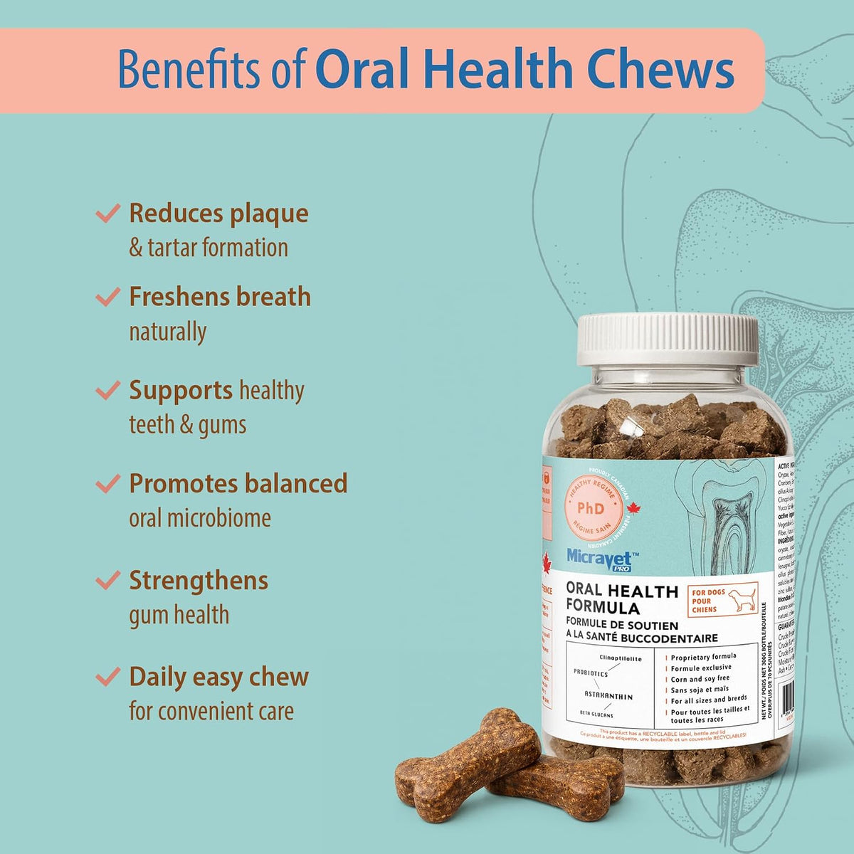 micravet pro oral health soft chew dental supplements, side view
