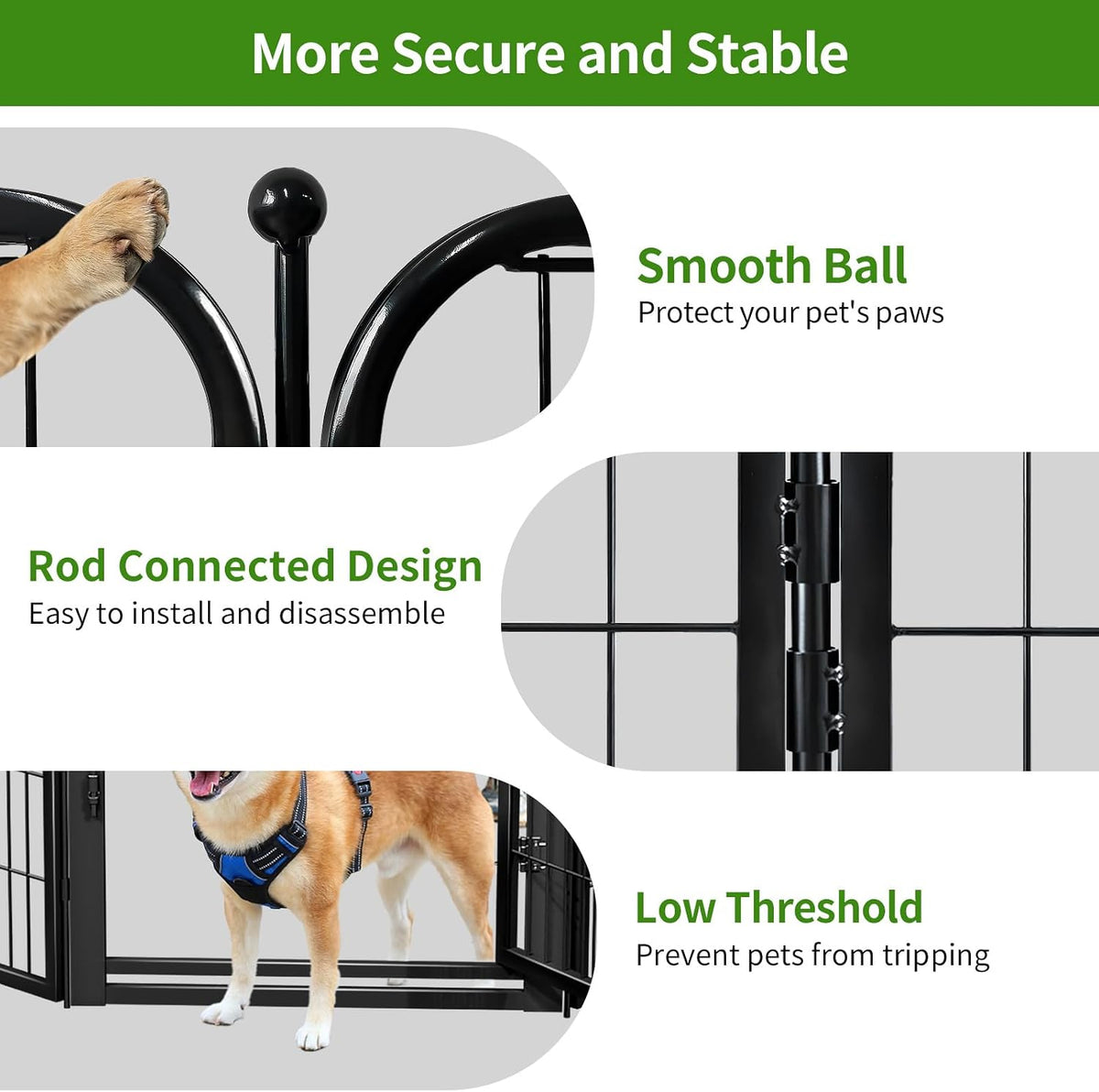 dog playpens with low threshold gate, 40 inch showing dimensions