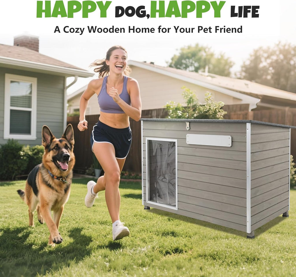 large outdoor dog house, weatherproof wood with chew-resistant shown in use