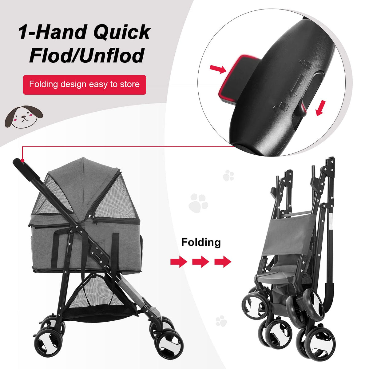 bestpet | 4-wheel foldable pet stroller | grey, close-up detail