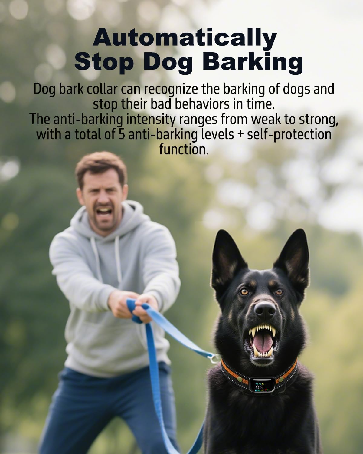 2-in-1 dog shock collar with remote & bark, close-up detail