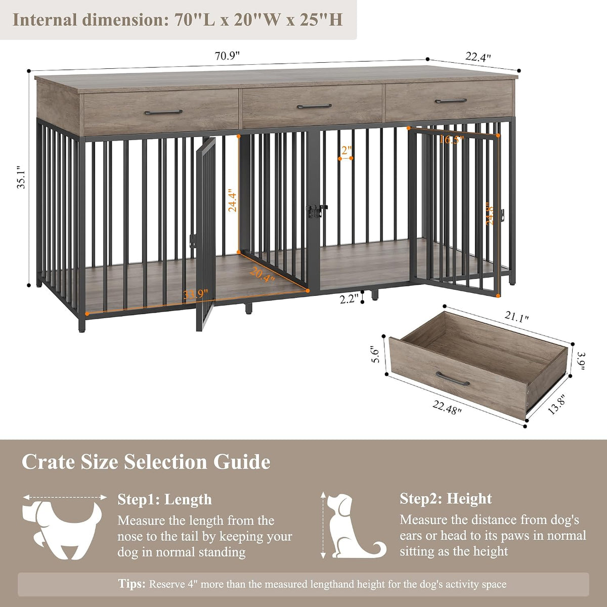 hostack double dog crate, 71" w indoor dog, side view