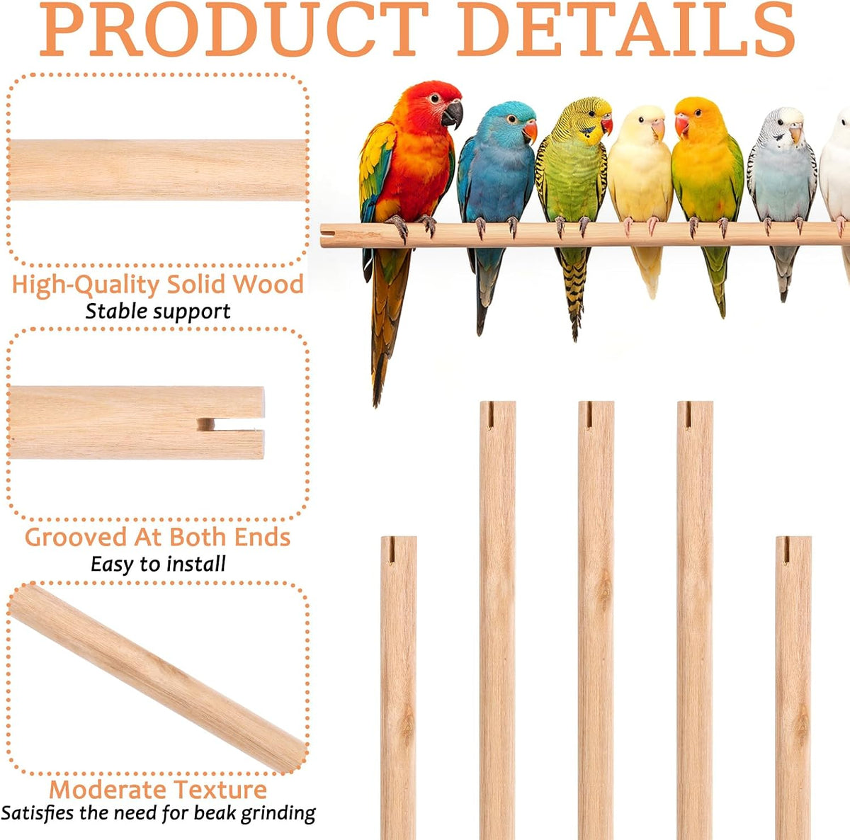 24 x 0.6 inches wooden bird perches for, close-up detail