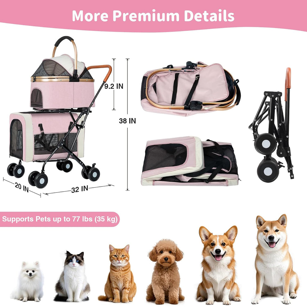 double pet stroller, 4 lockable wheels for small‑medium, close-up detail