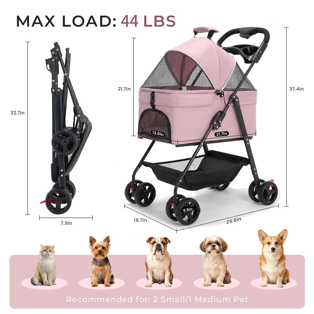 4-wheel pet stroller for small medium dogs cats shown in use