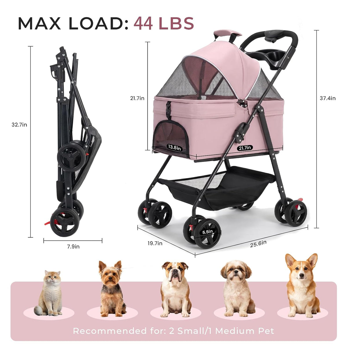 4-wheel pet stroller for small medium dogs cats shown in use