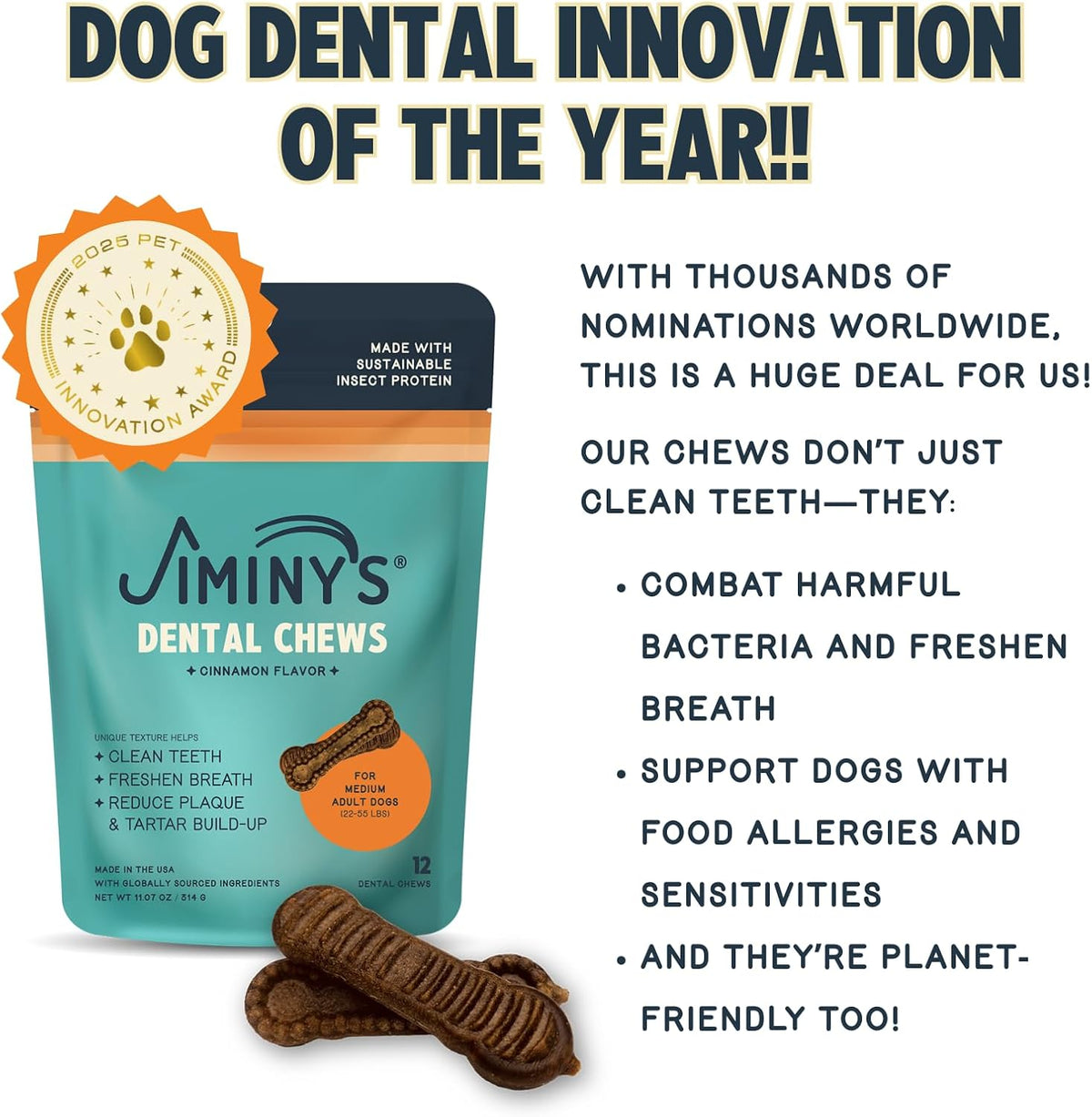 jiminy's dental chews for dogs, cinnamon flavor, scientifically, close-up detail