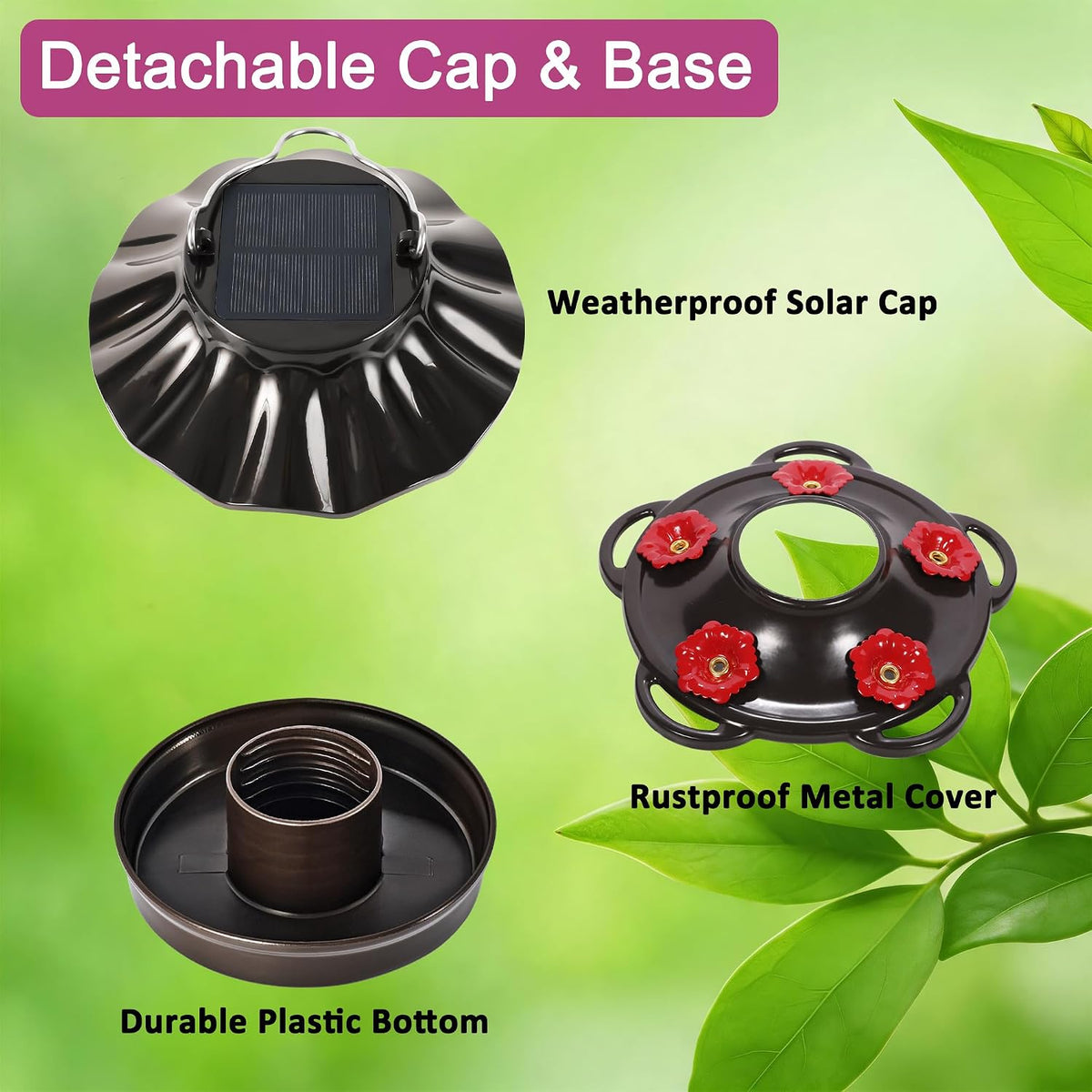lujii solar hummingbird feeder for outdoor hanging, rgb, side view