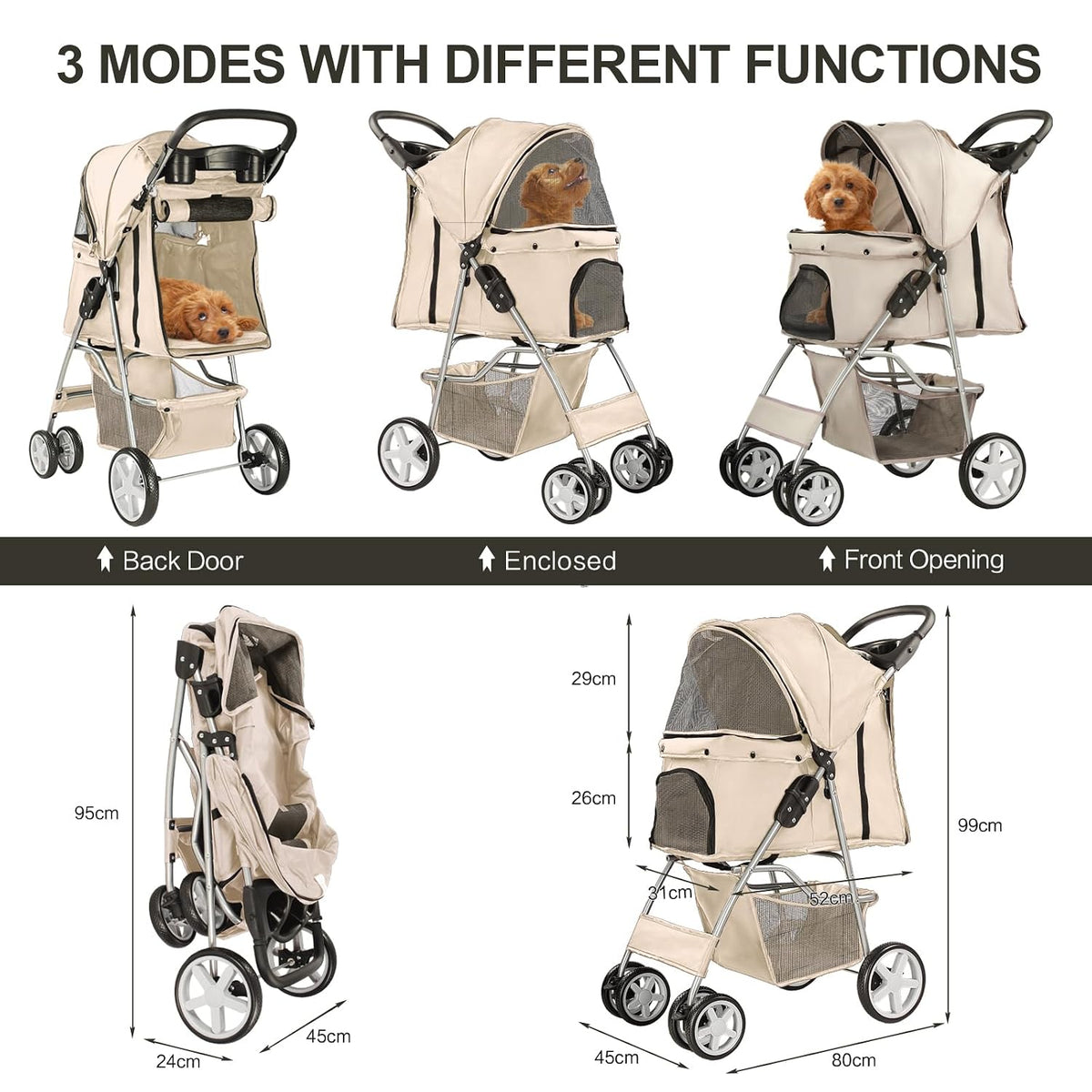 4-wheel pet stroller for small dogs and cats, side view