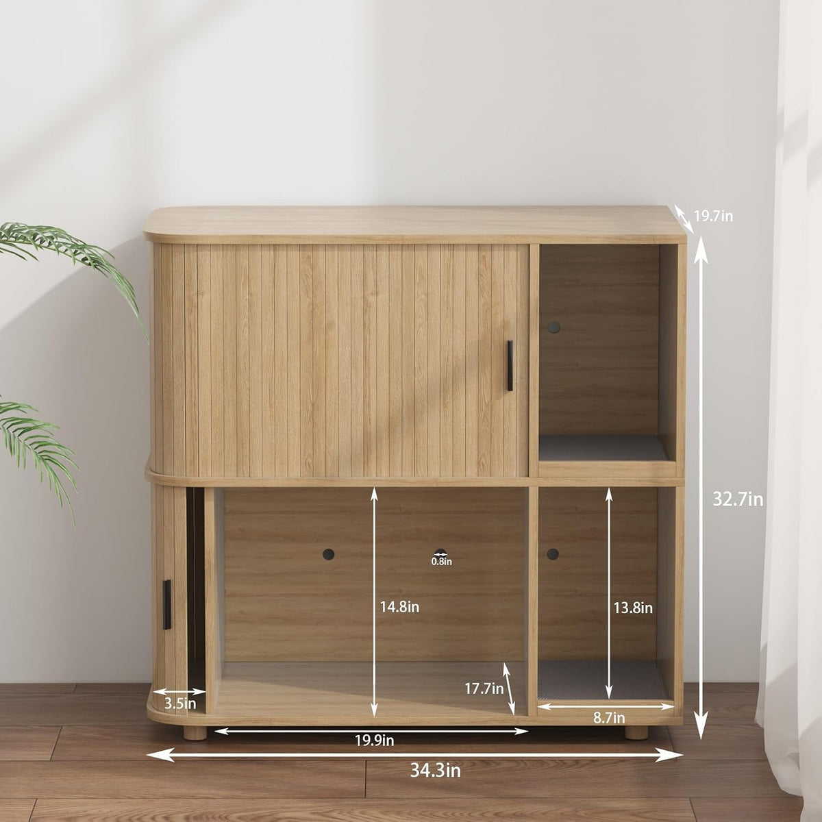 double cat litter box enclosure with sliding doors, close-up detail