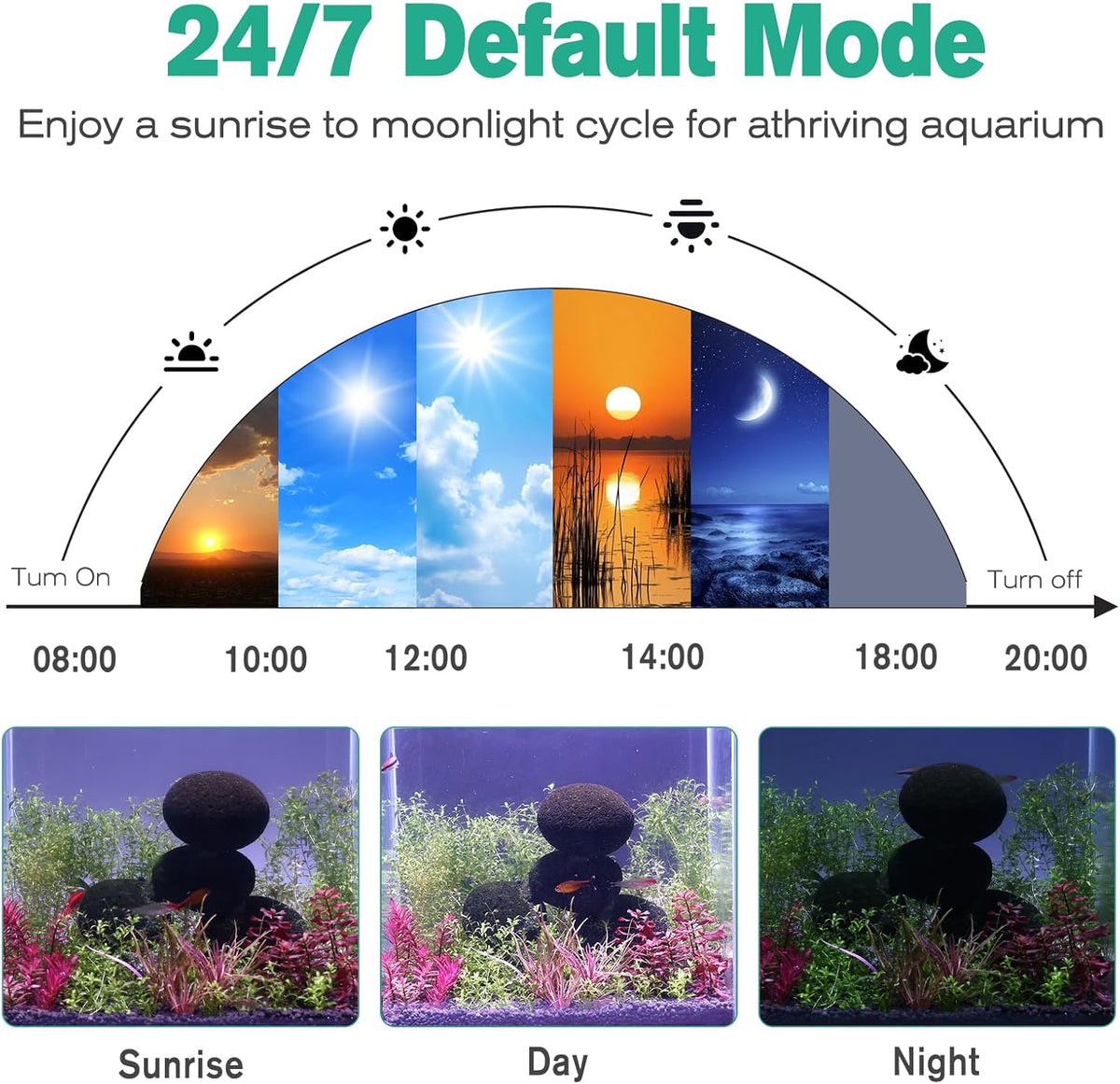 hygger clip on led aquarium light, 24/7 cycle showing dimensions