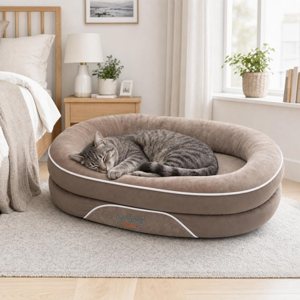 orthopedic dog bed with calming bolster sides, faux showing dimensions
