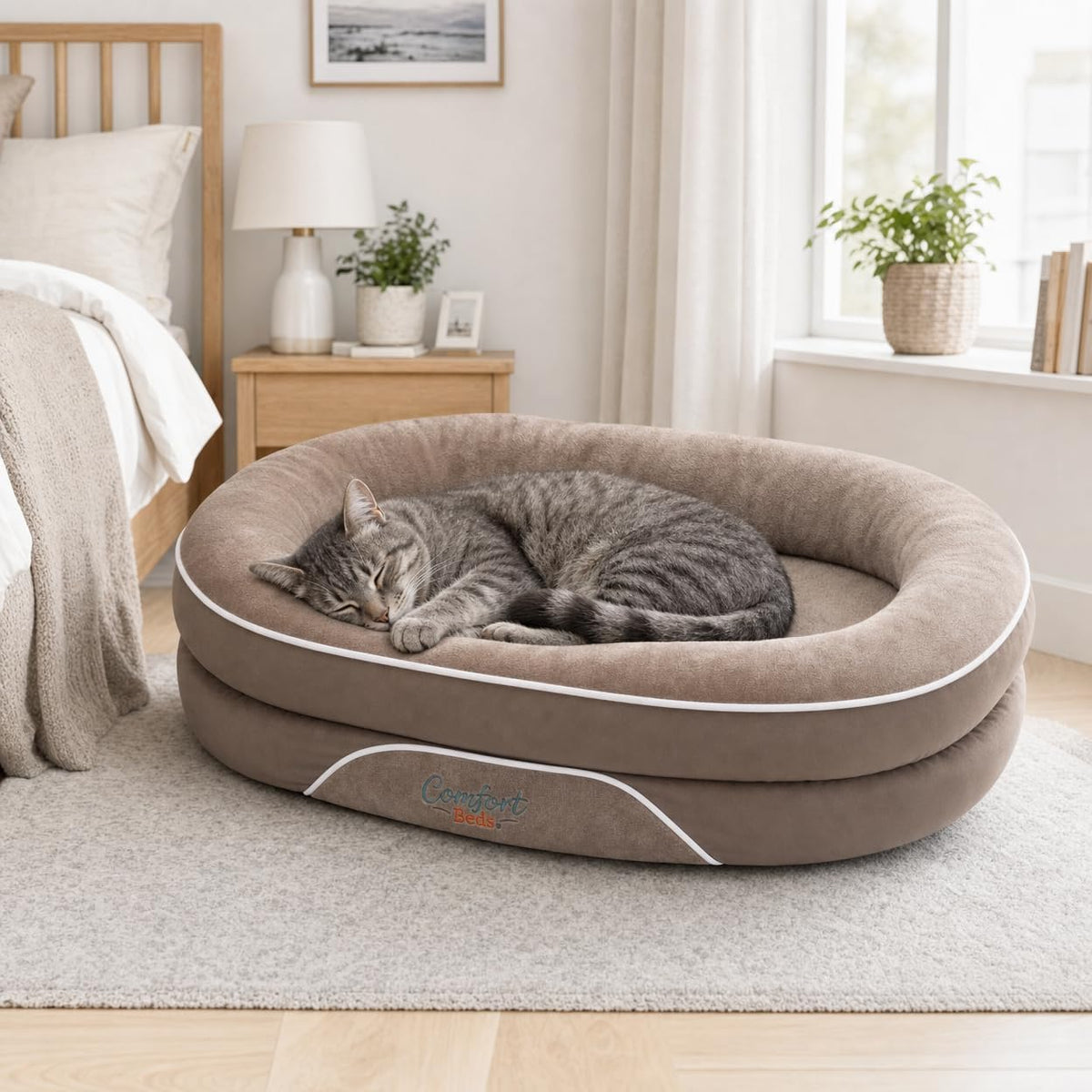 orthopedic dog bed with calming bolster sides, faux showing dimensions