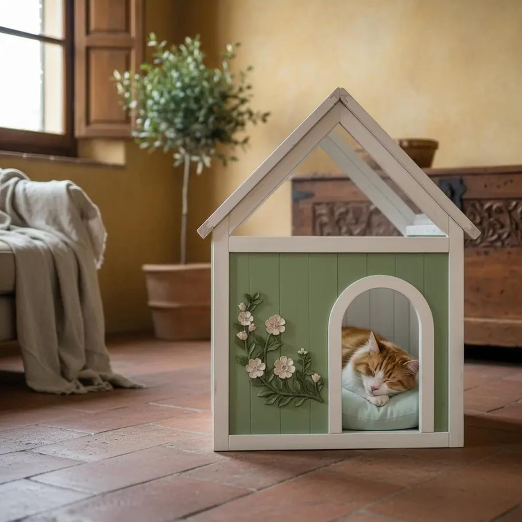 modern indoor dog house for small dogs, solid, front angle view