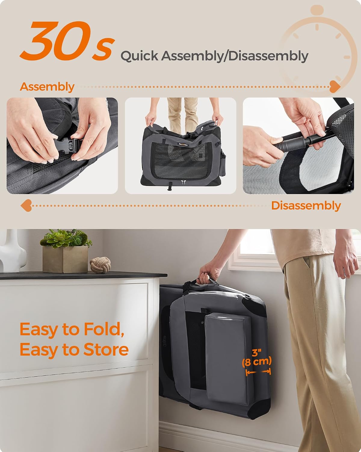 feandrea collapsible soft dog crate, portable travel carrier, close-up detail