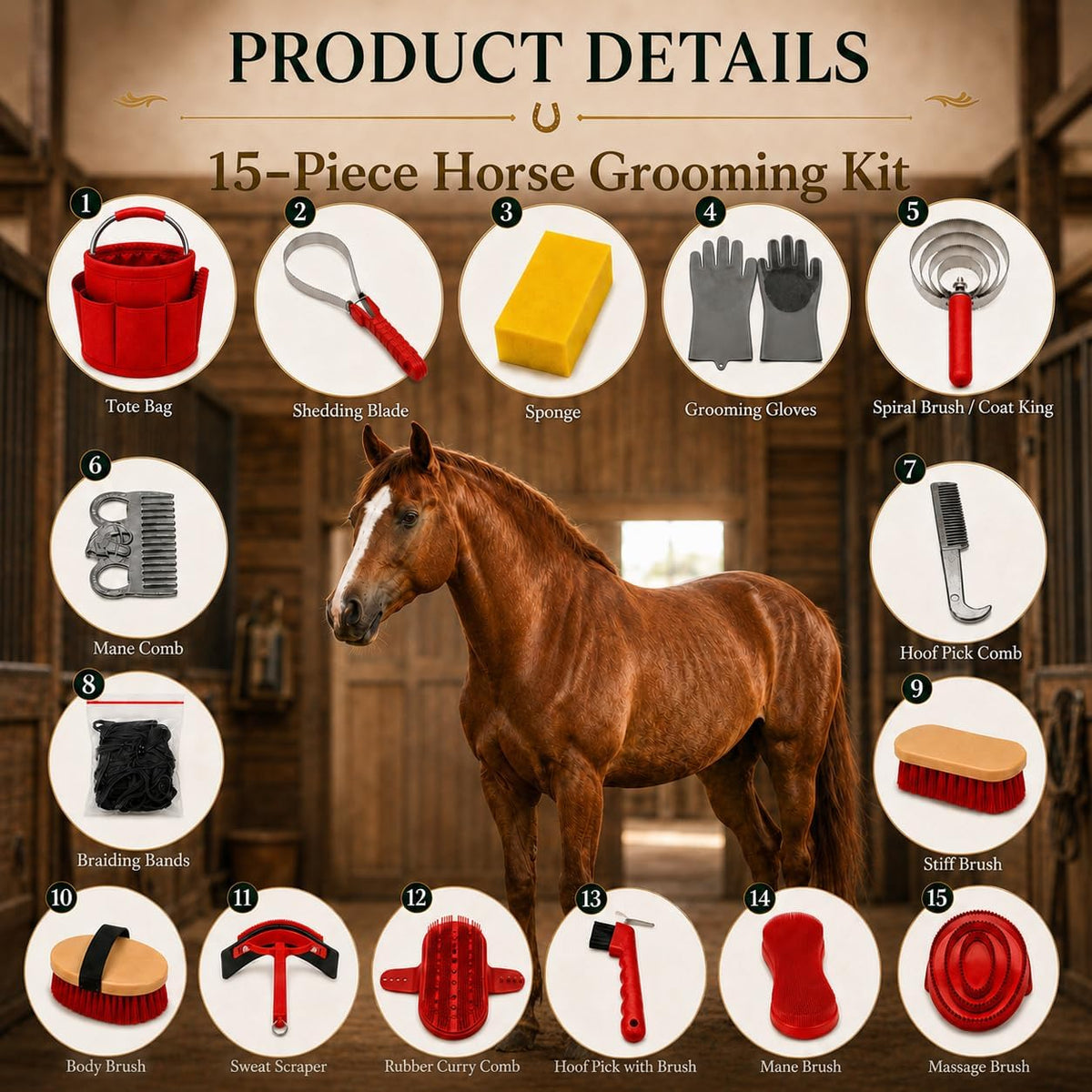 equine grooming kit for care bathing & shedding showing dimensions