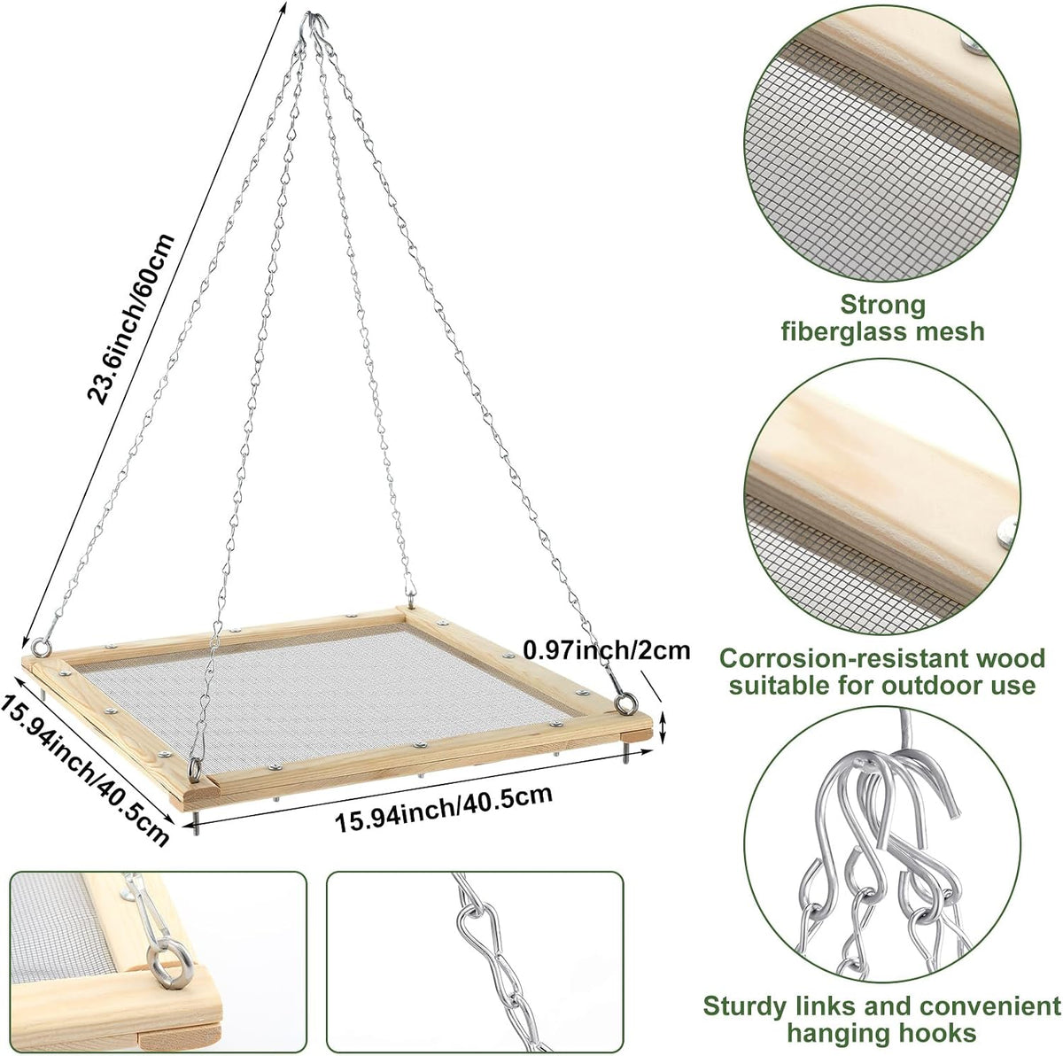 16 inch bird seed catcher hanging wooden platform shown in use