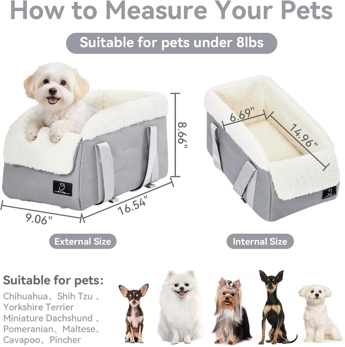 center console dog car seat for small dogs showing dimensions