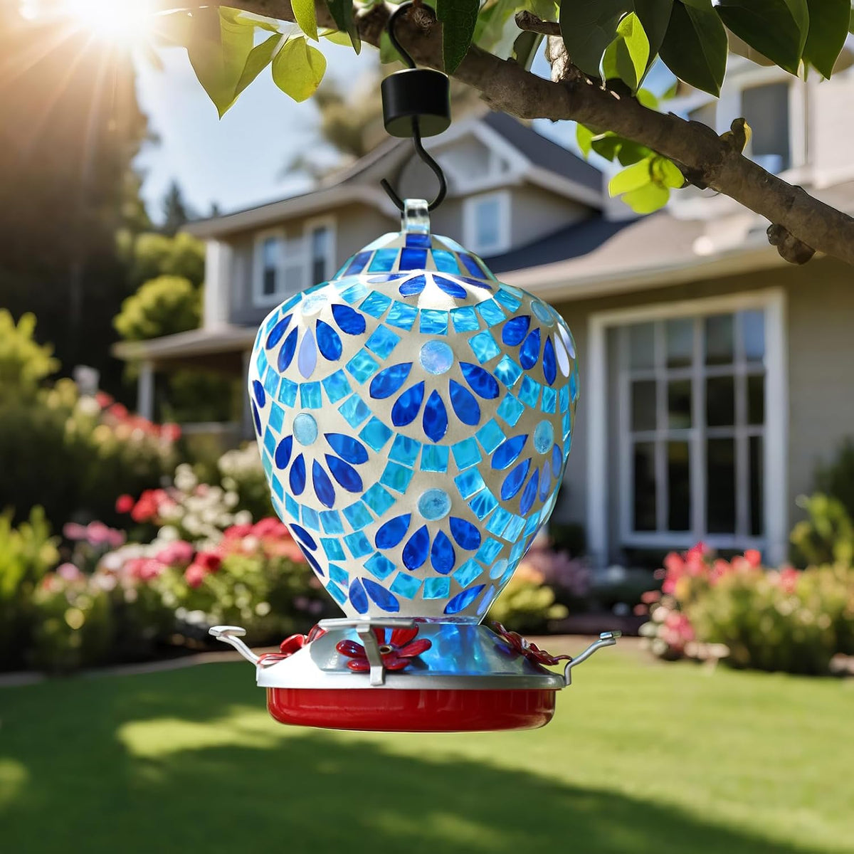 voreen glass mosaic hummingbird feeders, 34oz with ant shown in use