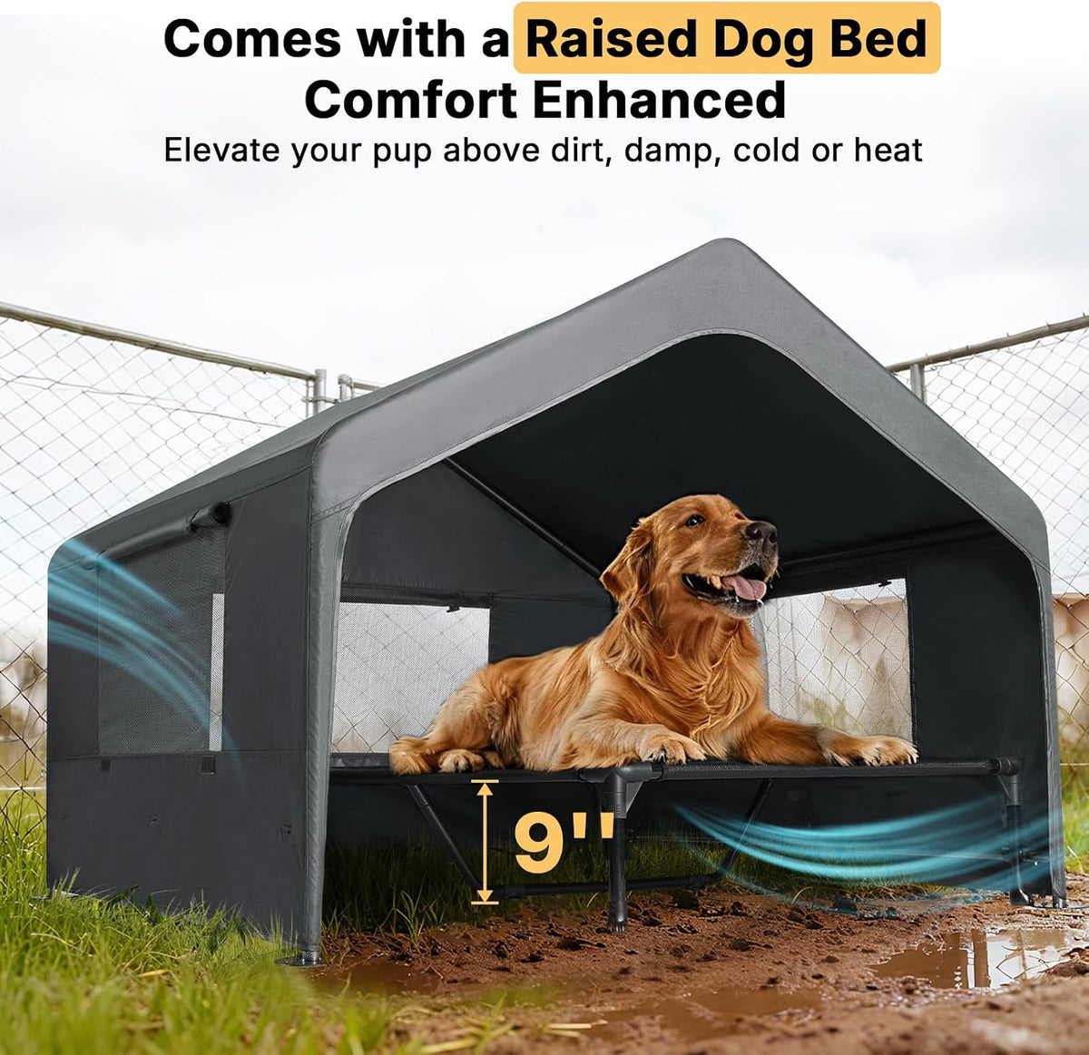 veehoo extra large dog house outdoor includes elevated, close-up detail