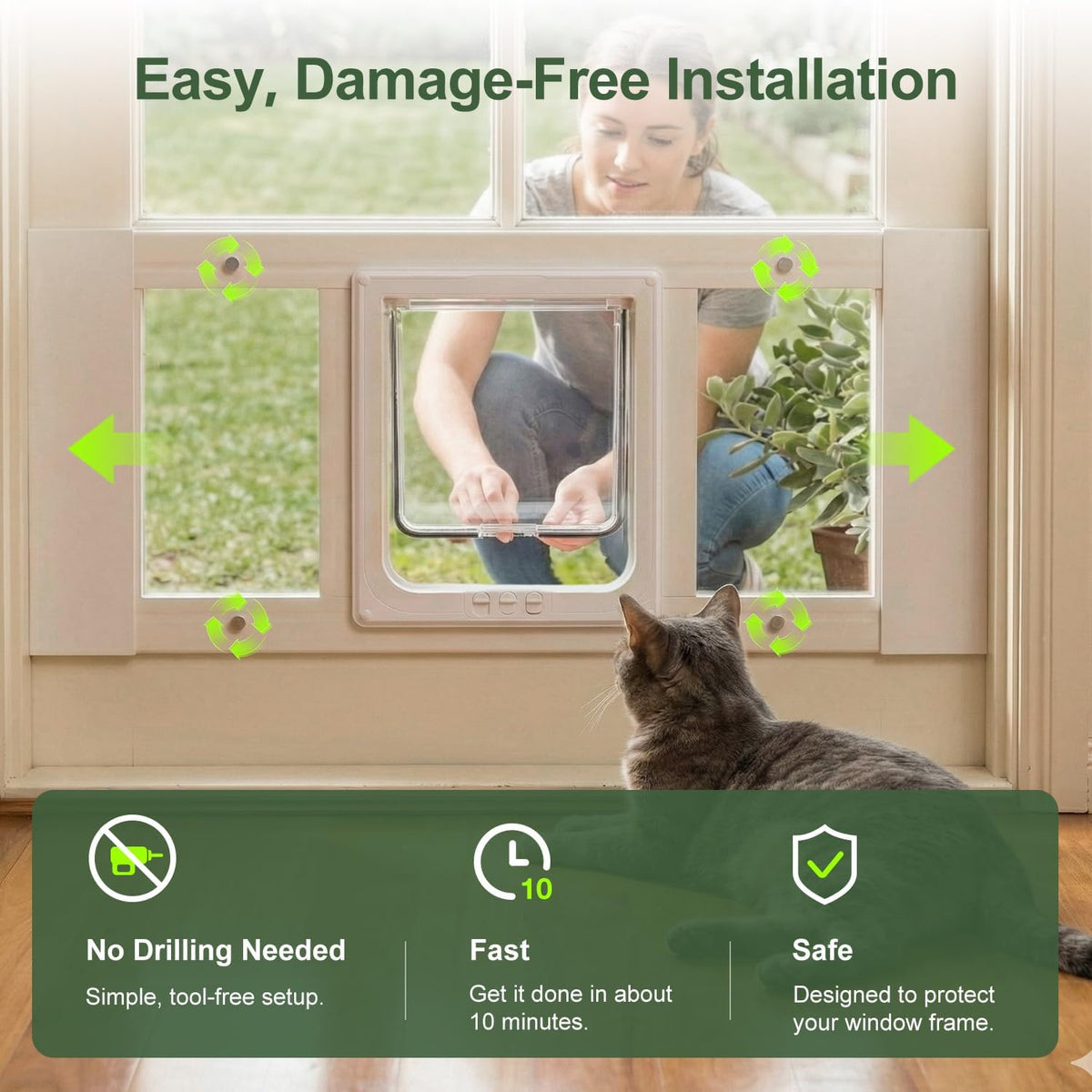 aluminum cat door for window, adjustable full-size window showing dimensions