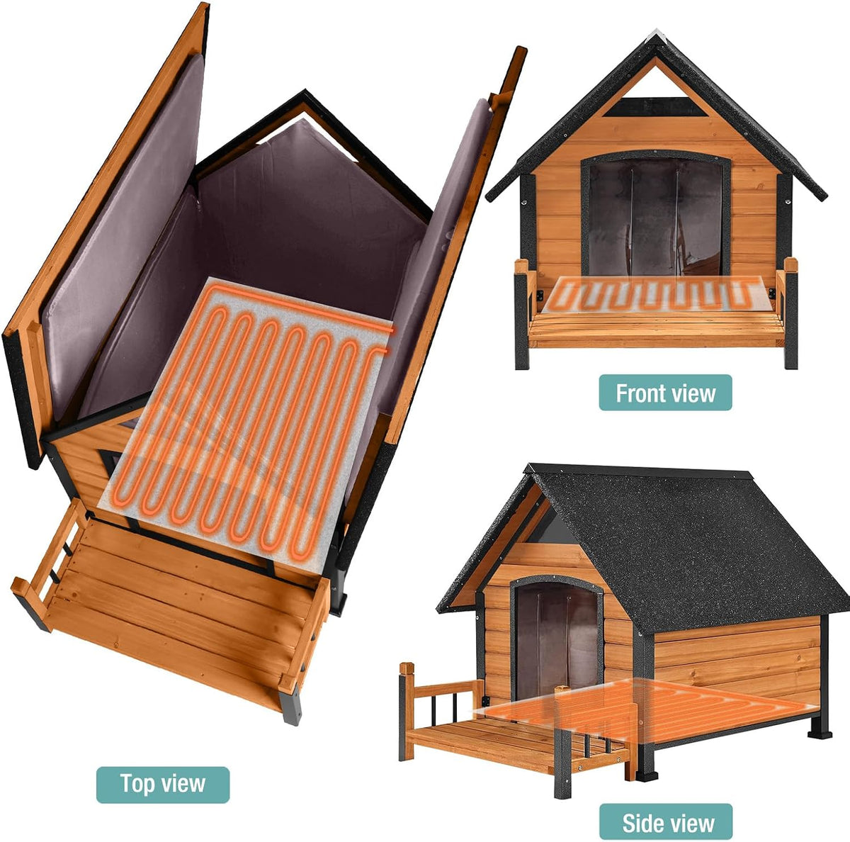 insulated dog house with heating pad, weatherproof outdoor, side view