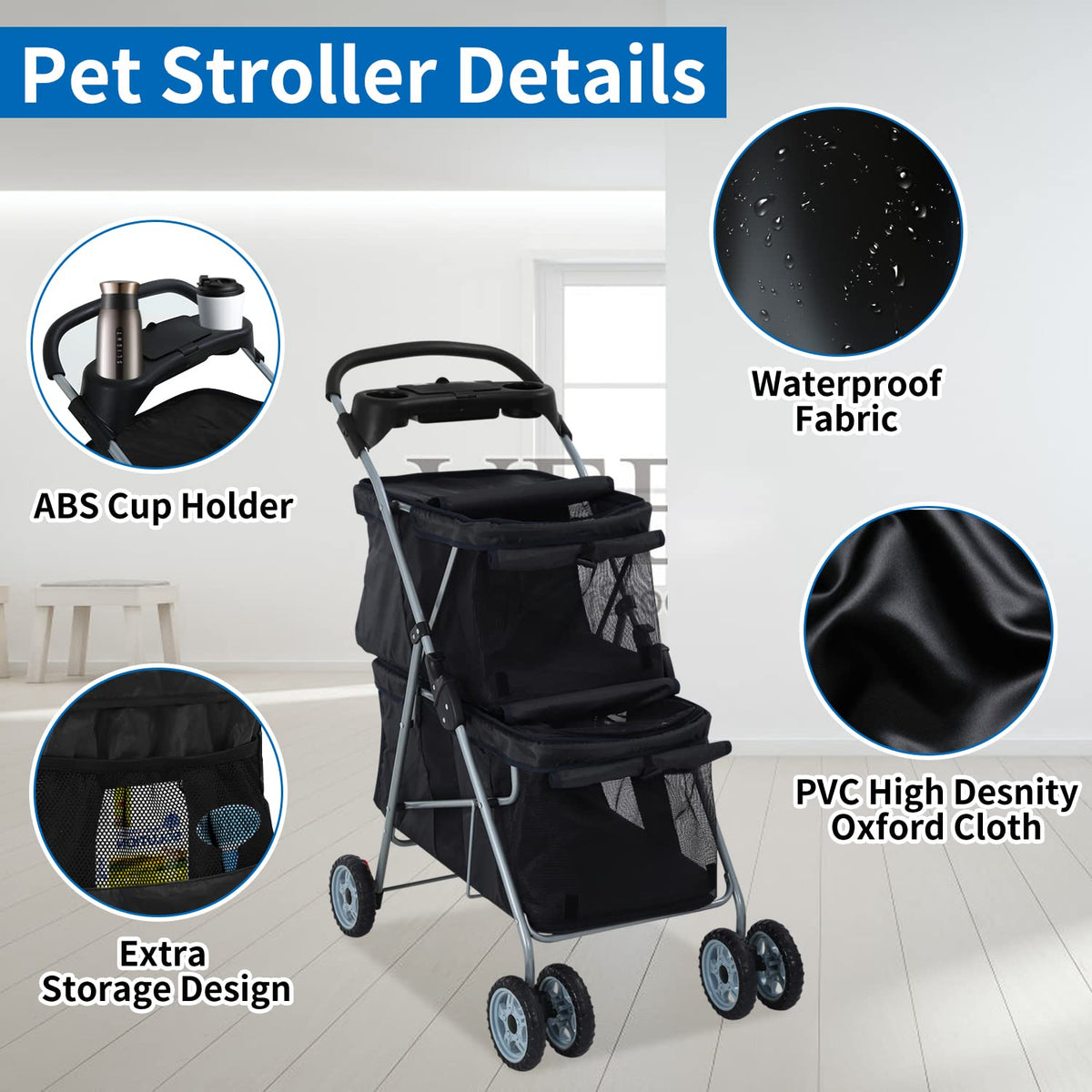 dog stroller 4 wheels cat strollers double layer, close-up detail