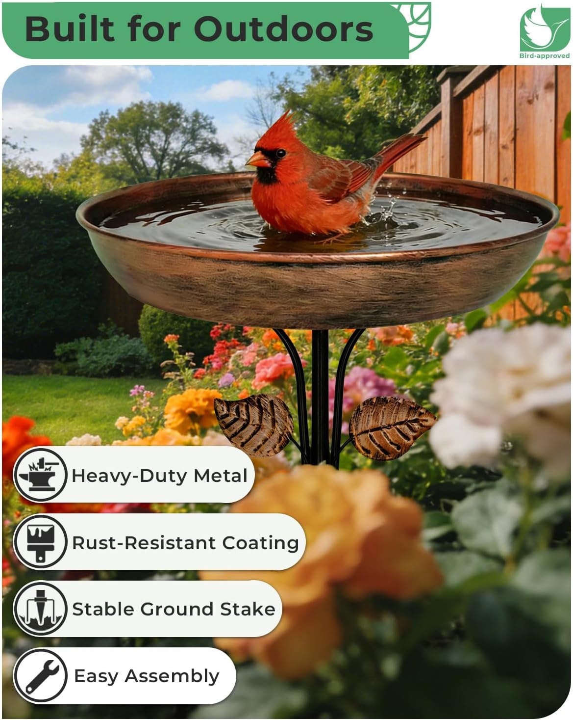 12" bird bath for outside with stake, metal shown in use