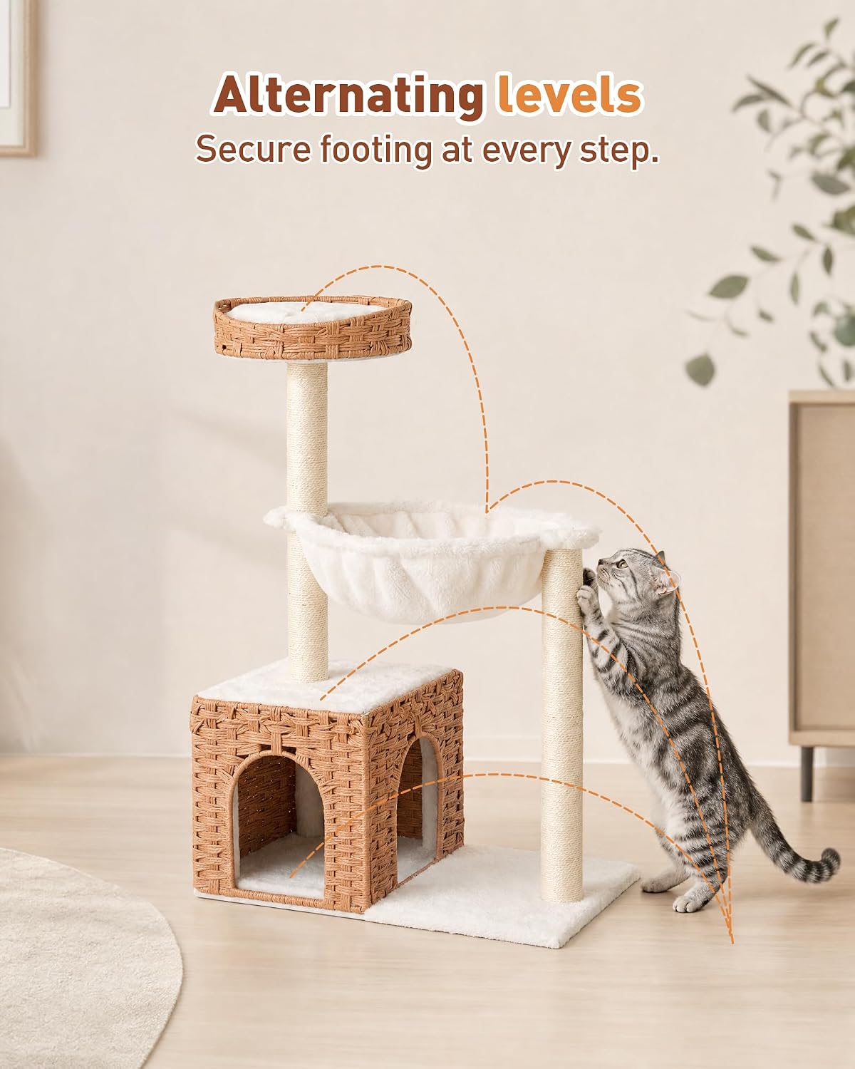 34" modern cat tree with large hammock, extra-long, side view