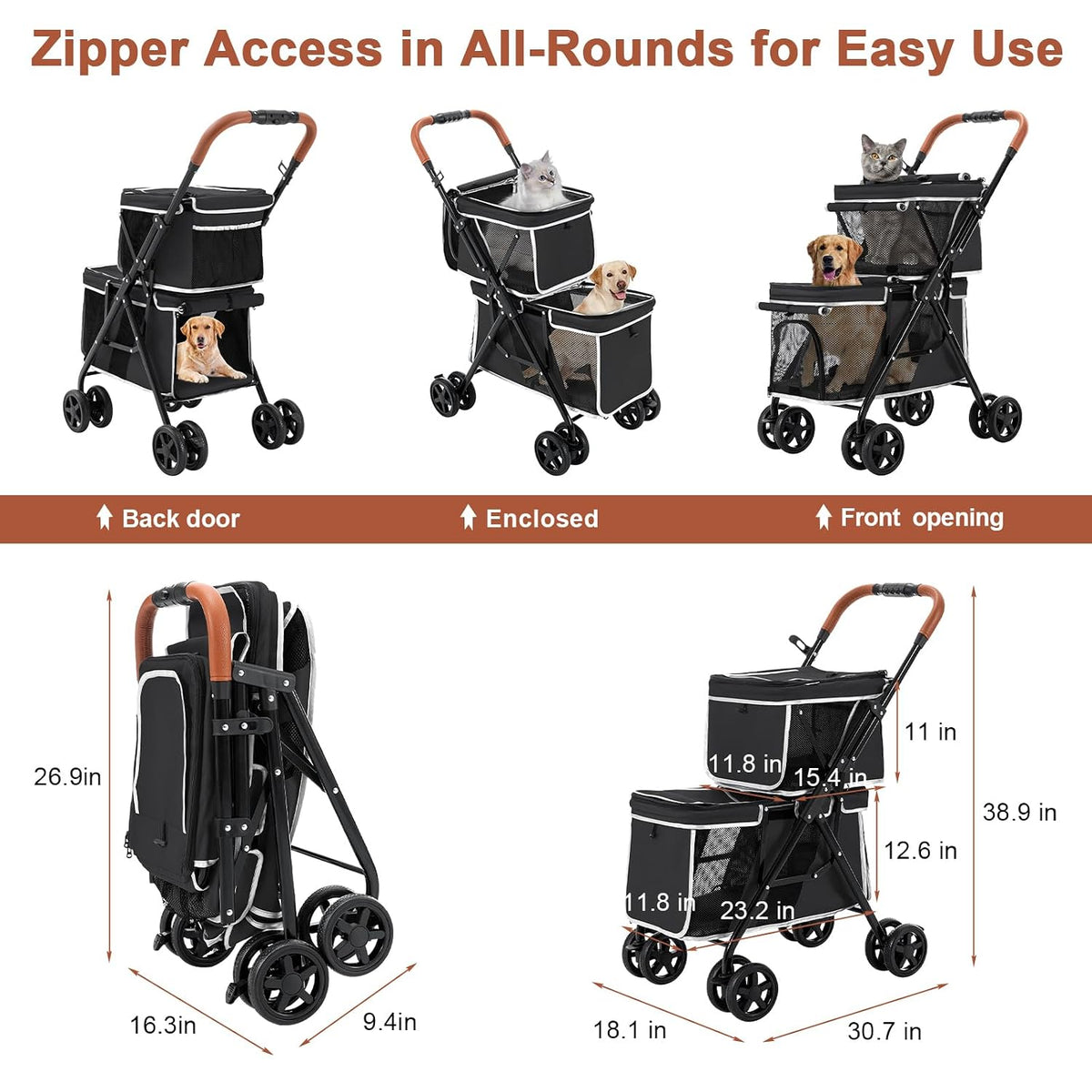 double pet stroller for 2 dogs & cats showing dimensions