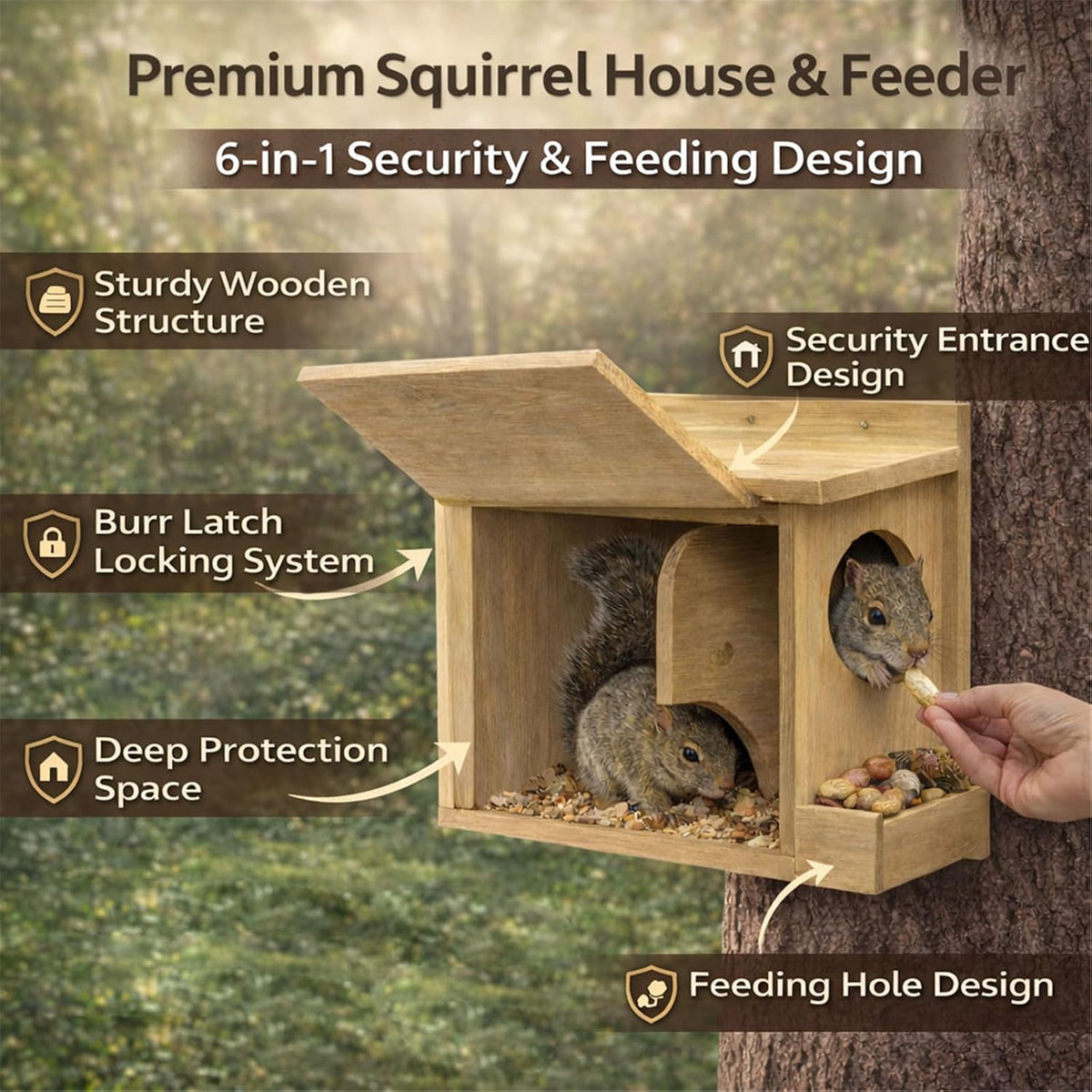 wooden squirrel house feeder with engraved design, outdoor, side view