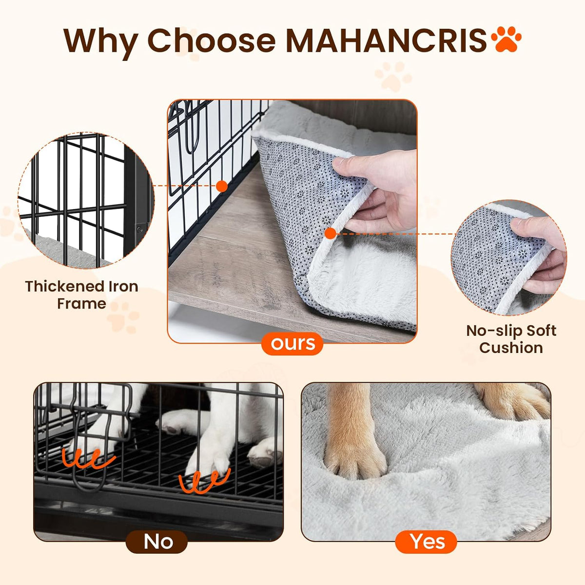 mahancris dog crate furniture with cushion, wooden dog, side view