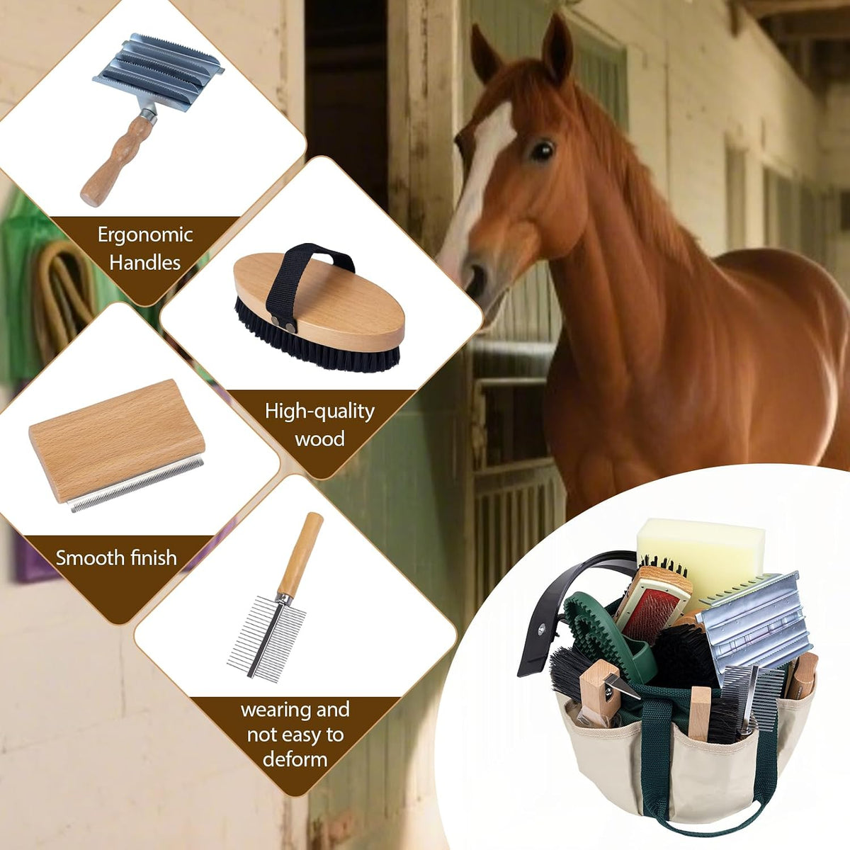 13-piece horse grooming kit for daily care,complete horse, side view