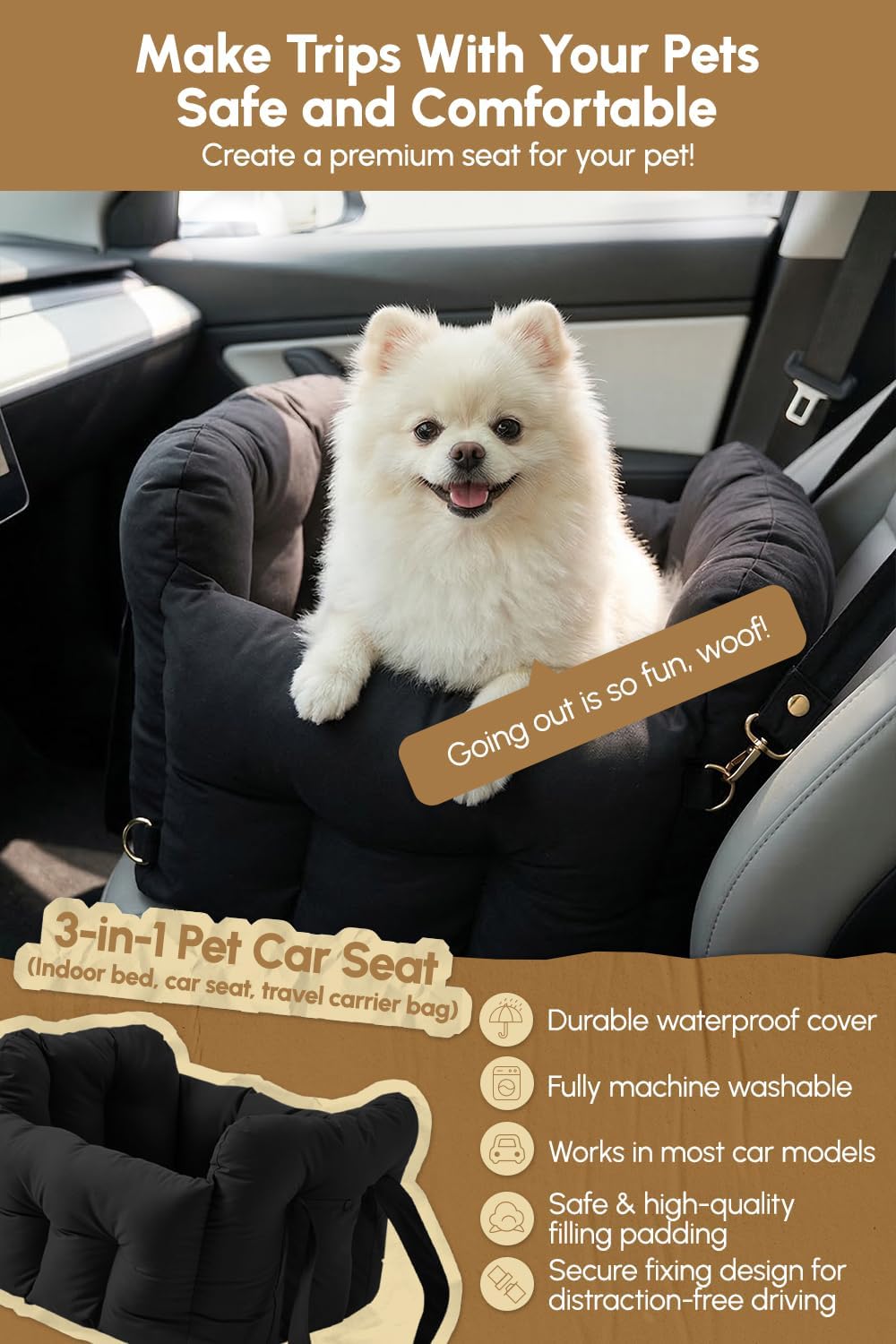 dog car seat for small dogs, waterproof puppy shown in use