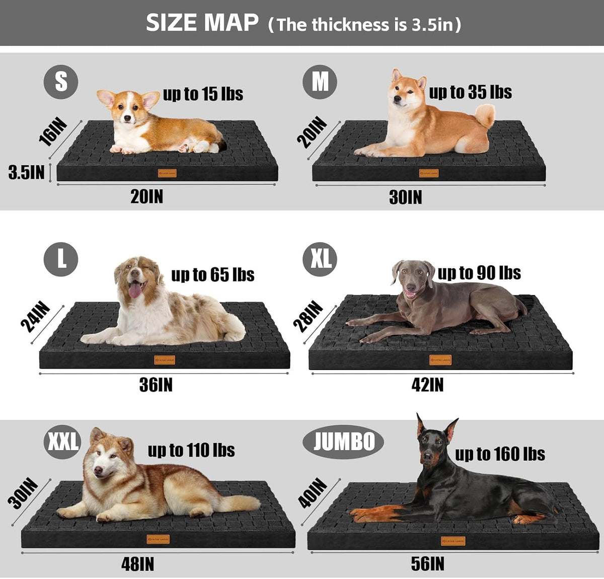 patas lague orthopedic large dog bed washable pet showing dimensions