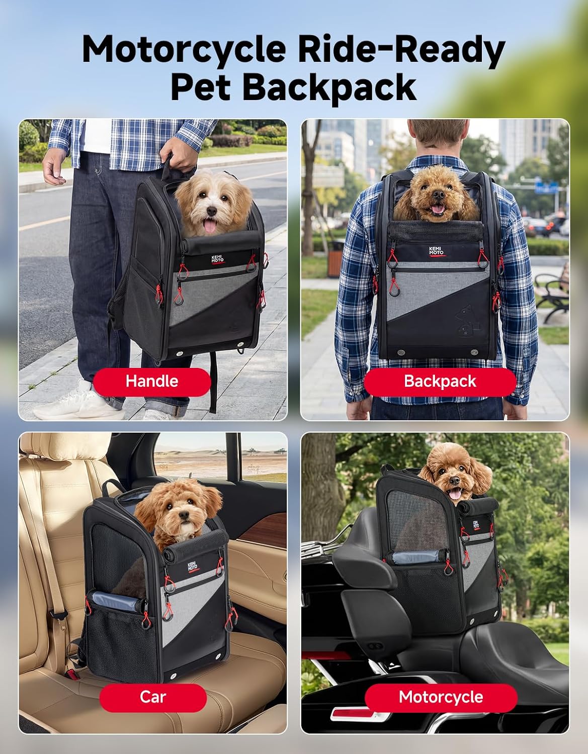 kemimoto motorcycle dog carrier backpack for small dog on a desk or shelf