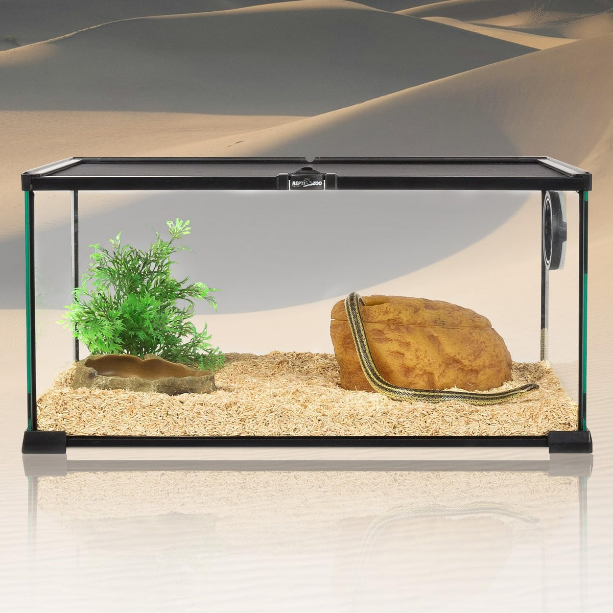repti zoo snake cave and hides, 3-in-1 reptile showing dimensions