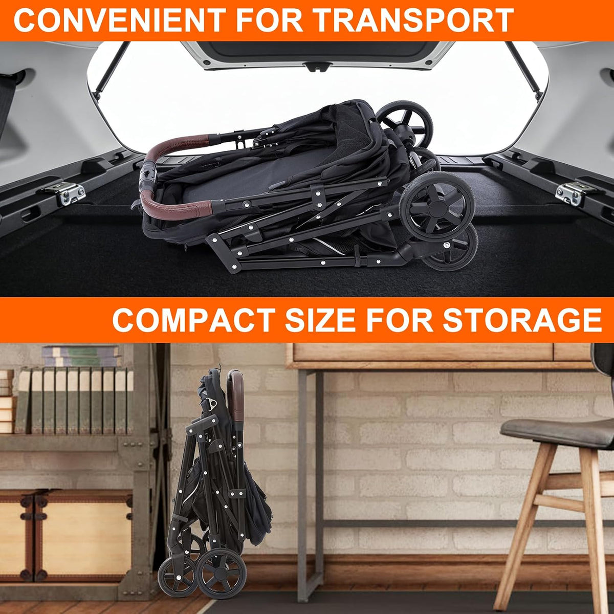 dog stroller with no-zip buckle canopy, fits 2 on a desk or shelf