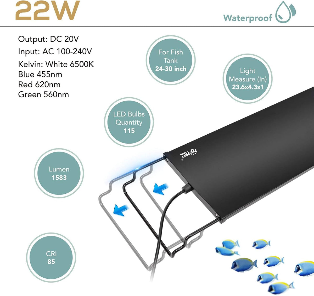 hygger 22w 24/7 lighting aquarium led light, sunrise-daylight-moonlight, package contents