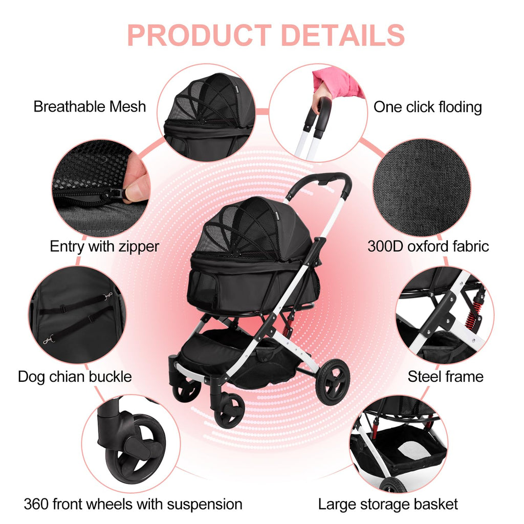 pet stroller for small dogs and cats, black, close-up detail