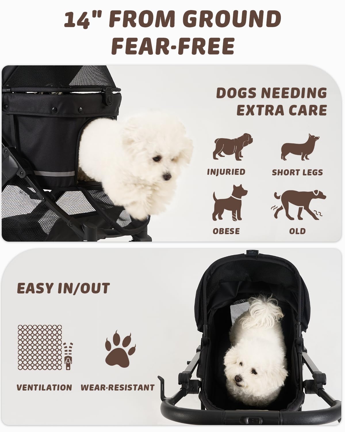 hittite pet stroller with weatherproof cover, all-terrain 4-wheel on a desk or shelf
