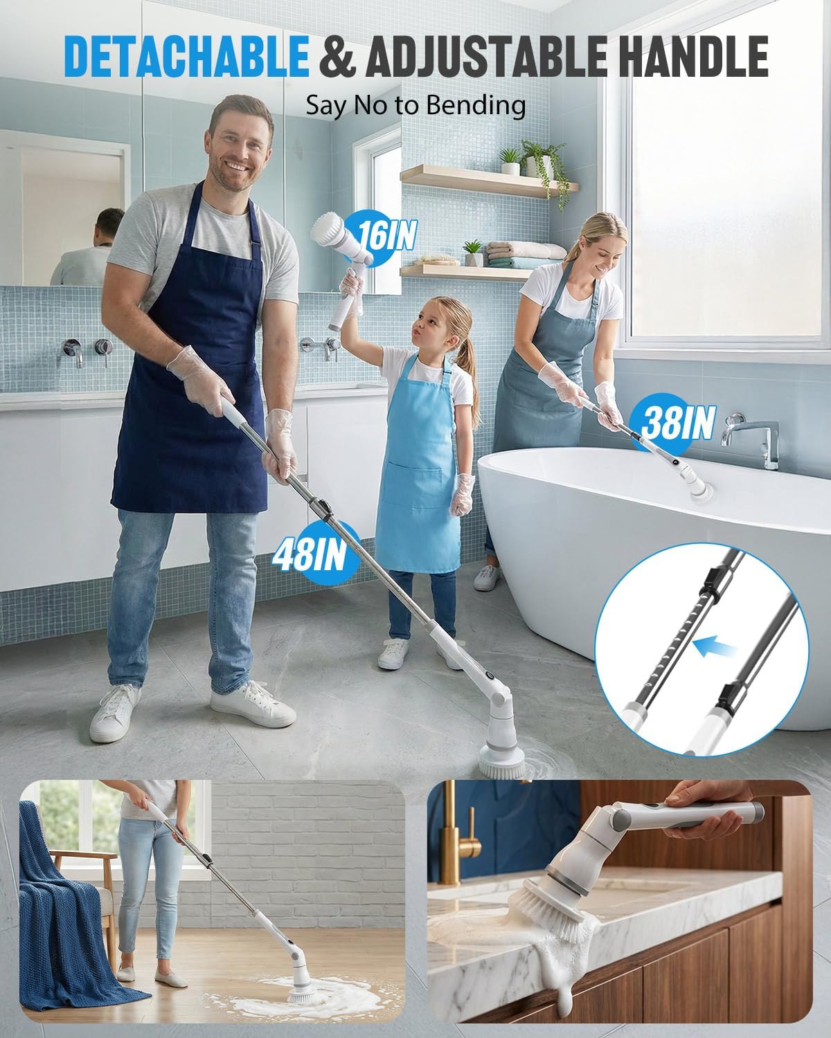 electric spin scrubber, cordless shower scrubber brush with showing dimensions