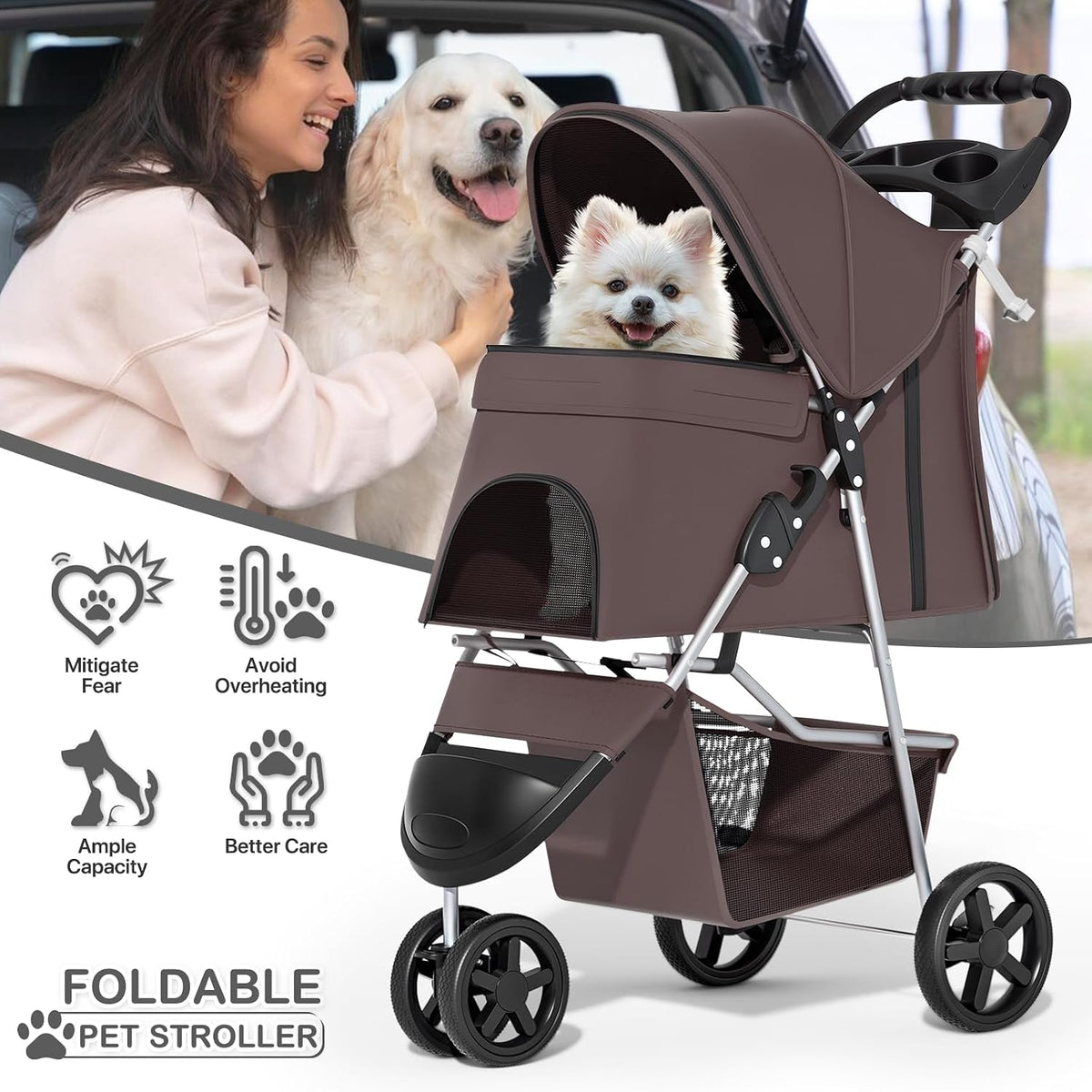 monibloom pet stroller for small/medium dogs and cats shown in use