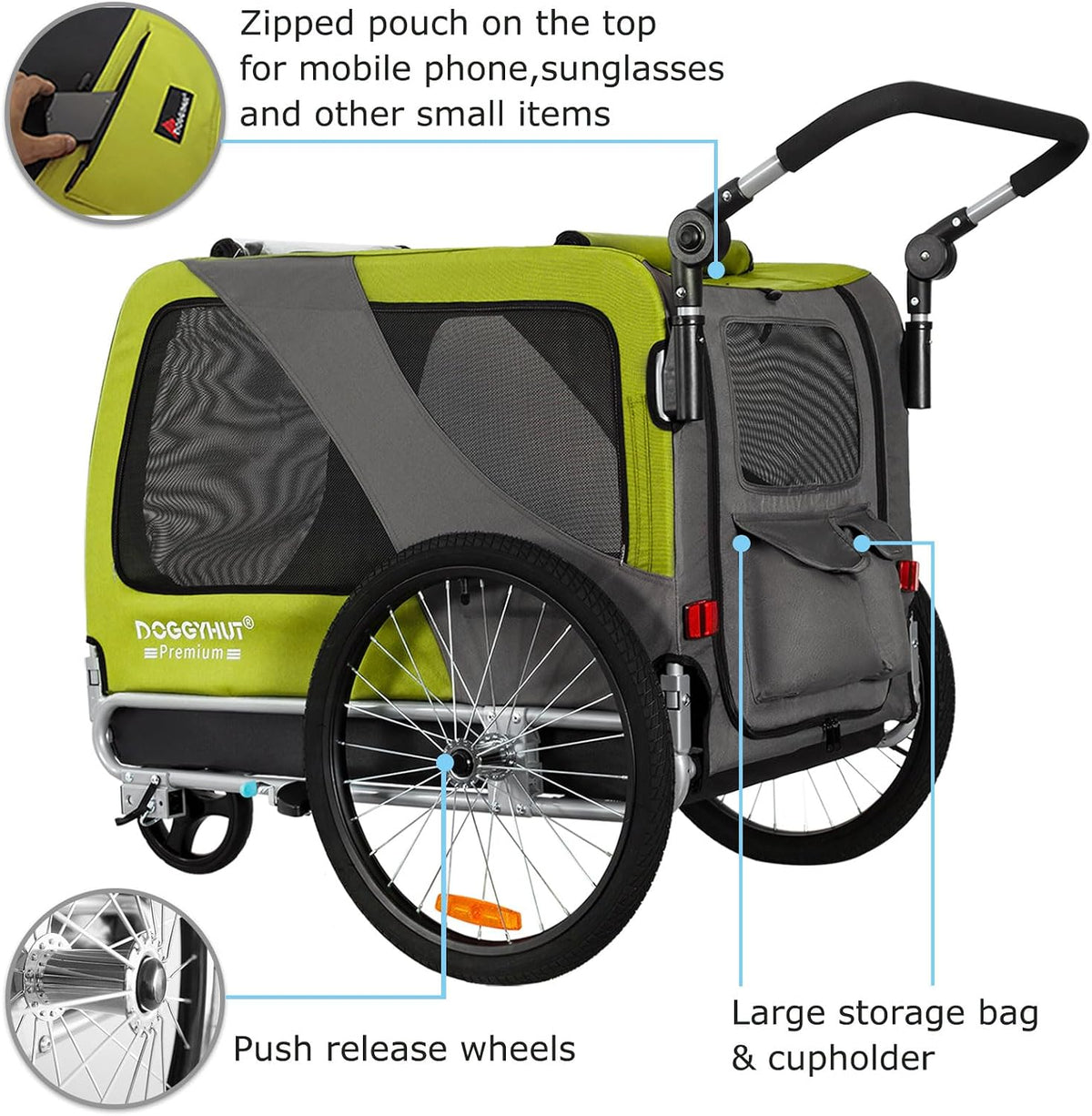 doggyhut® premium xl pet bike trailer & stroller, side view