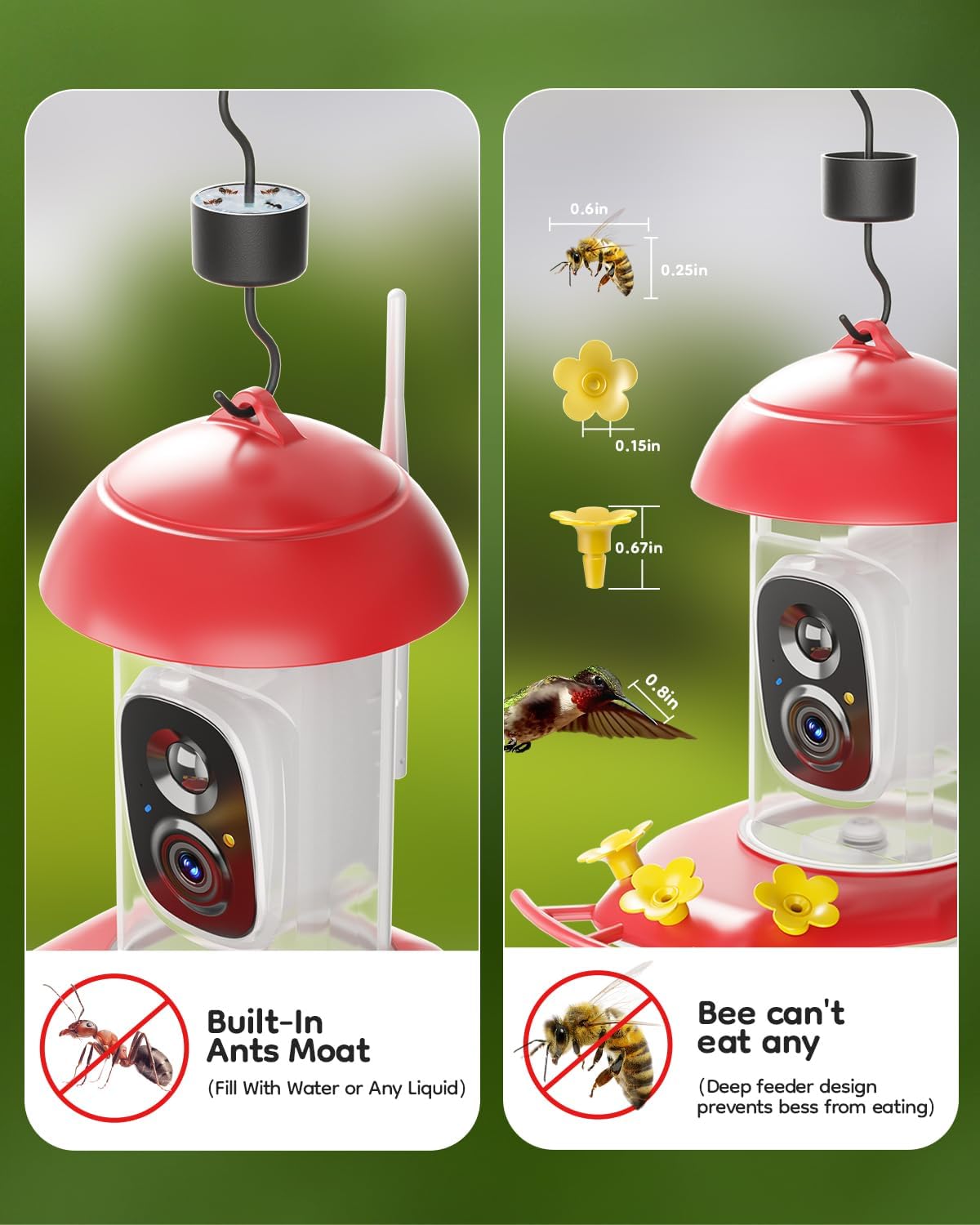 solar hummingbird feeder with camera for outdoors, 2k, side view