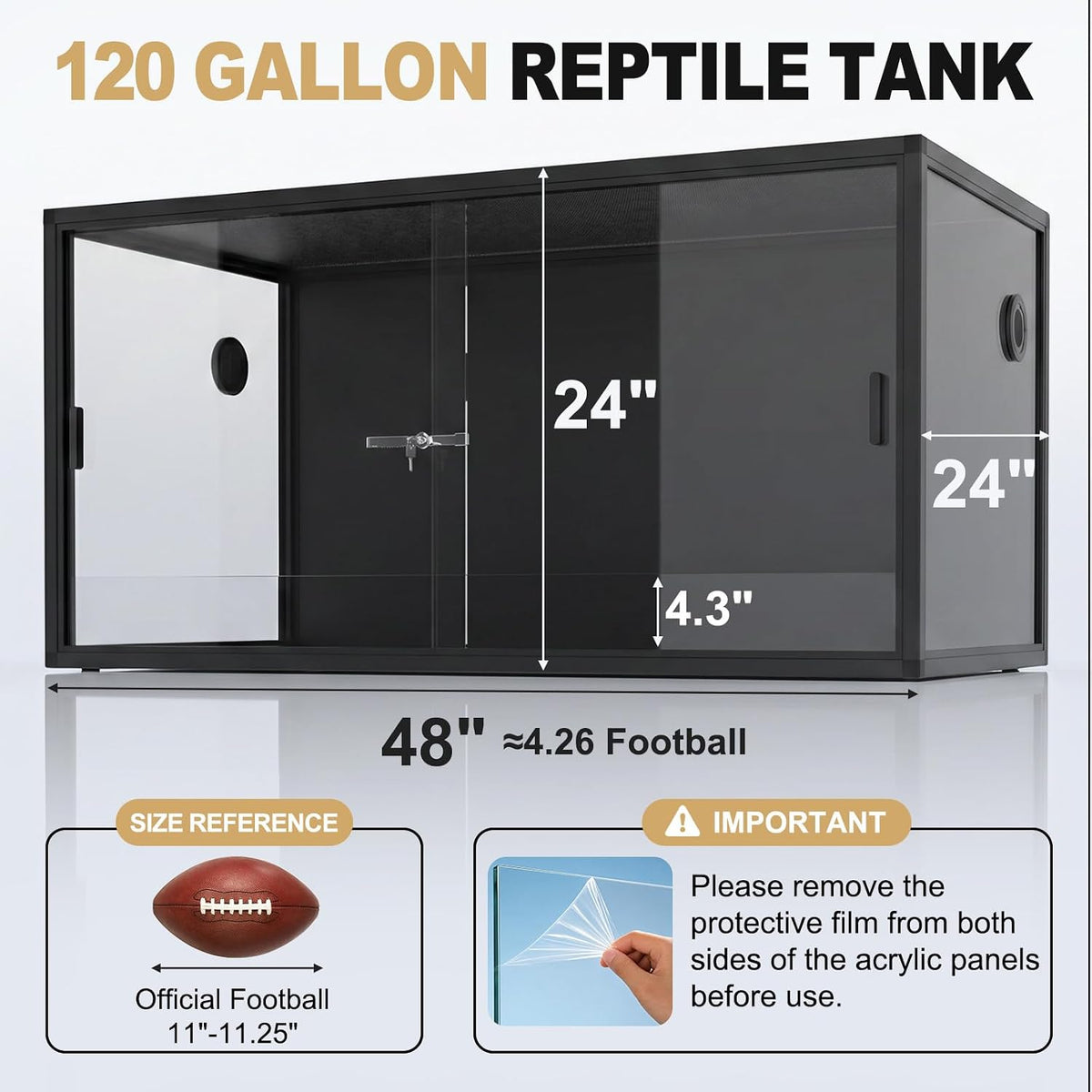 120 gallon reptile tank, 48"x24"x24" front opening reptile shown in use